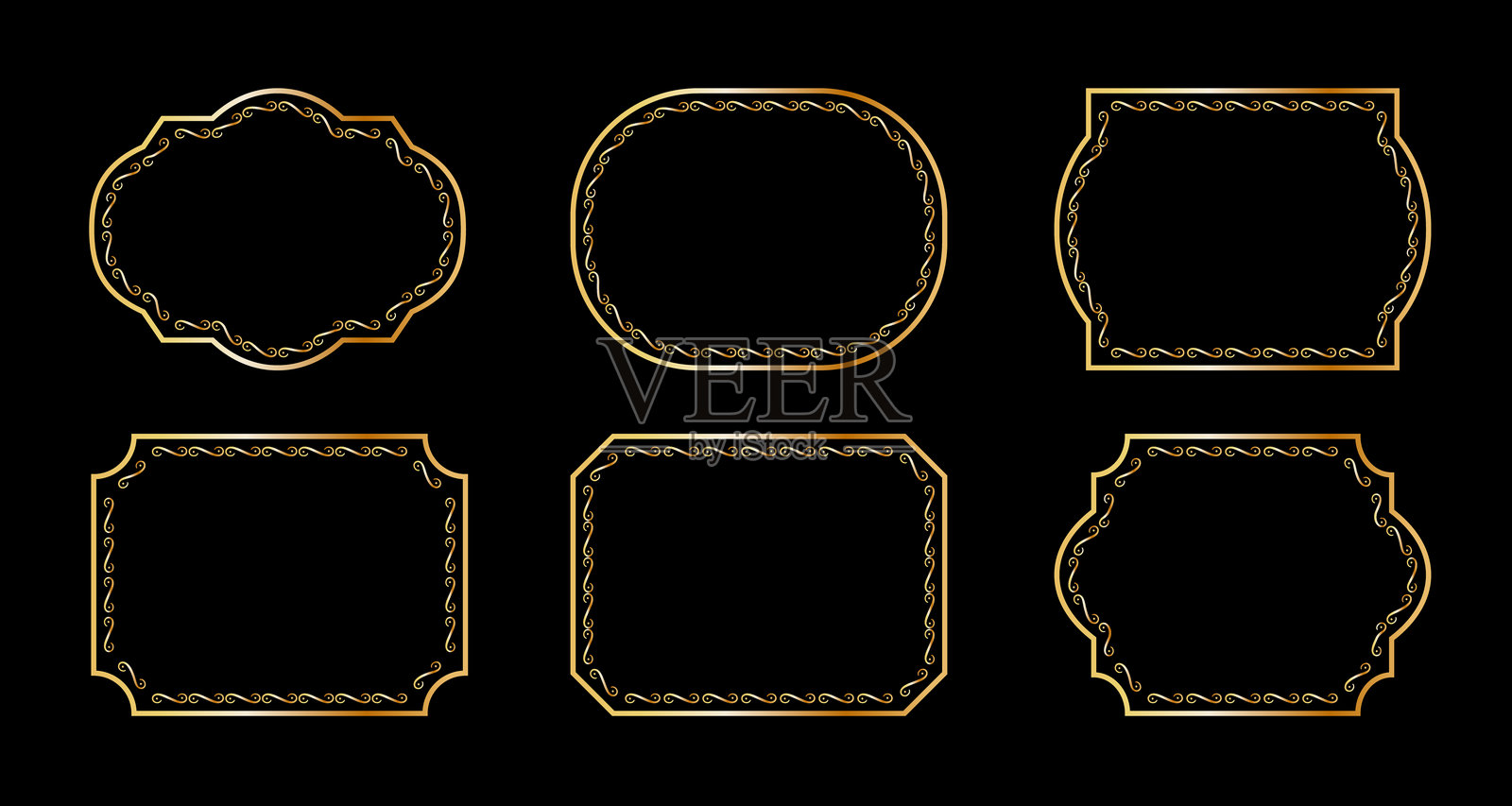复古框架套装，孤立在黑色背景上。装饰性的金色框架。适用于婚礼请柬、贺卡和印刷品的时尚华丽框架。插画图片素材