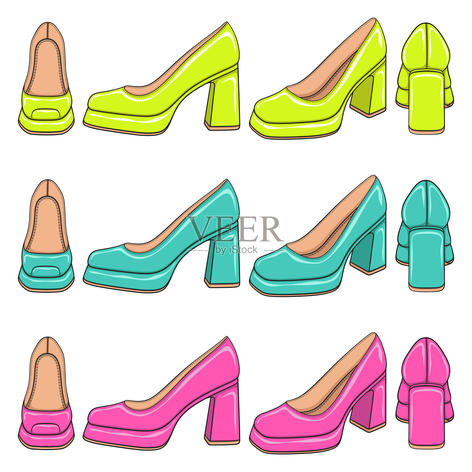 一组带有厚跟女鞋的彩色插图。独立的矢量对象。插画图片素材