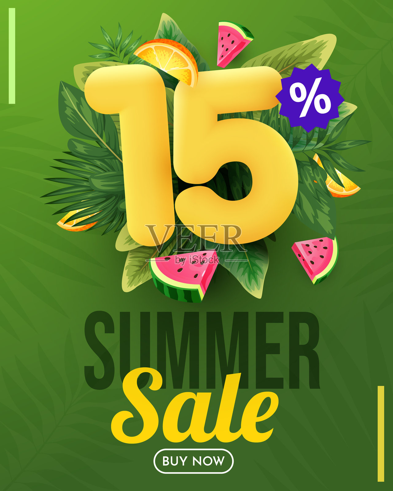 夏季促销矢量设计。带有海滩元素的15%立体折扣文本的夏季促销。插画图片素材