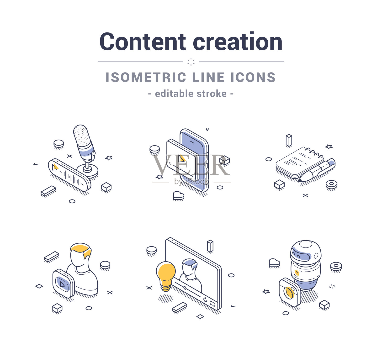 多样化的等距线条图标，用于内容创作和数字媒体工具，采用矢量格式插画图片素材