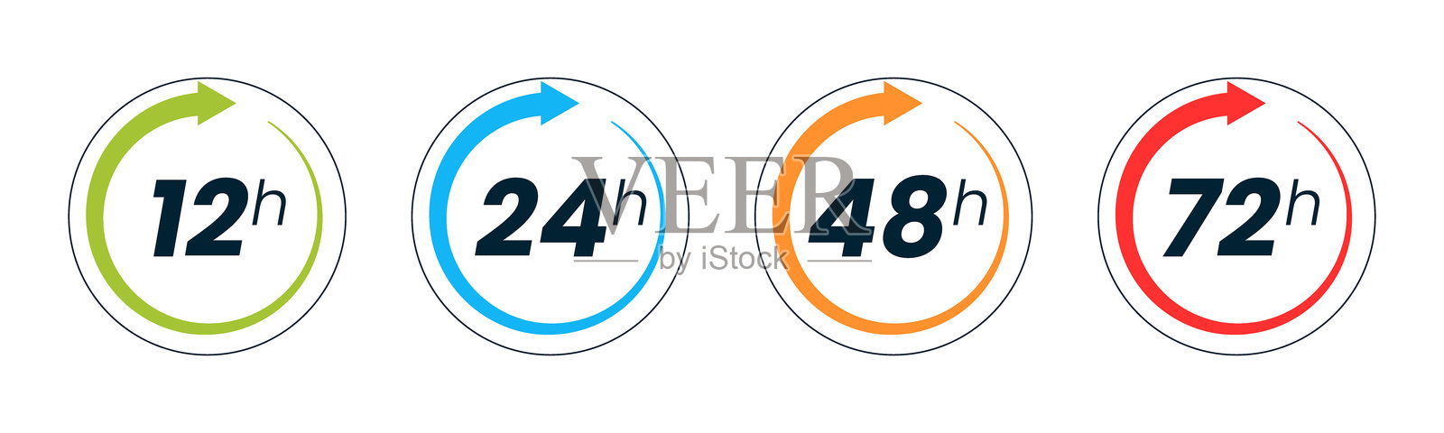 一组12、24、48和72小时钟表，带箭头，背景为白色。矢量工作时间效果或快递服务时间图标。插画图片素材