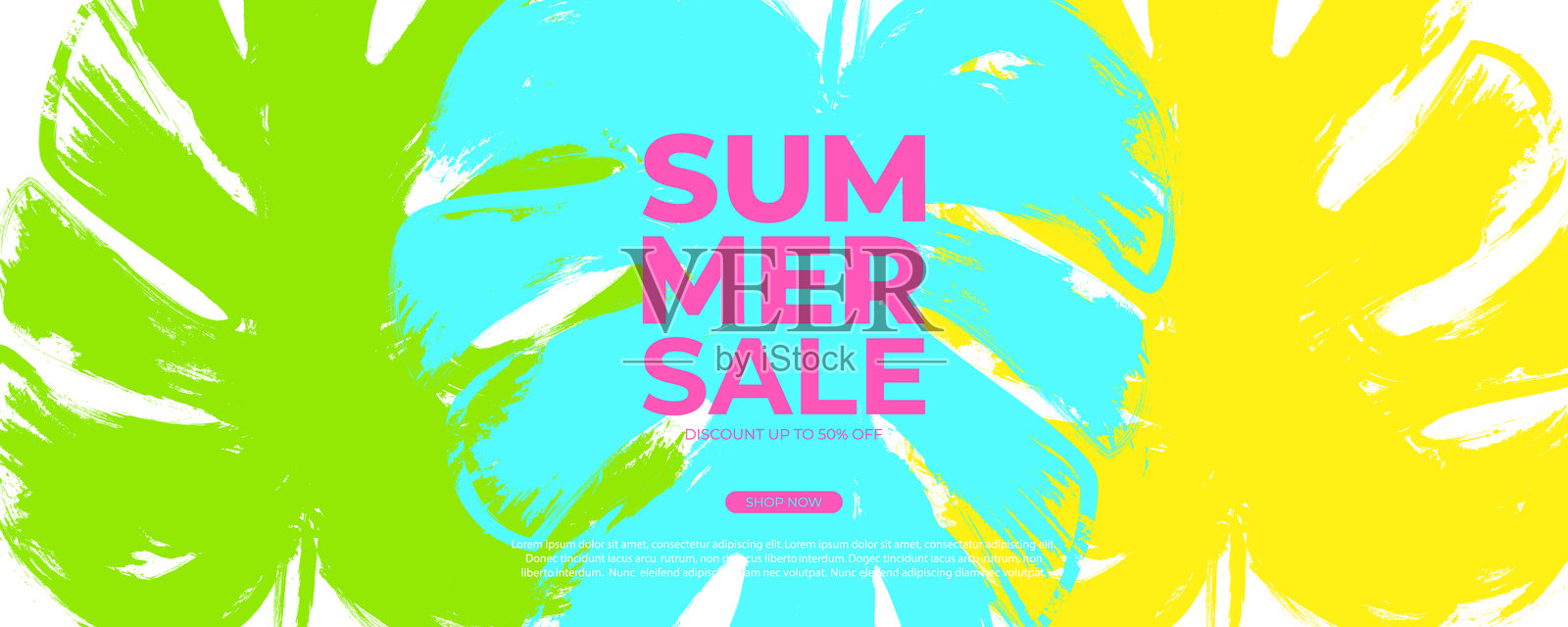 夏季促销。带有刷笔笔触的热带叶子的夏季商业横幅，用于夏季购物促销和销售广告。插画图片素材