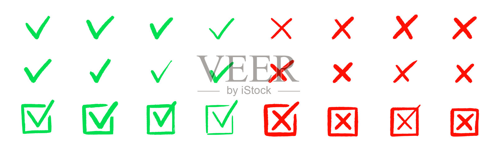 检查勾选标记图标集。交叉框、勾选标记复选框、列表矢量图、手绘草图、涂鸦、刷子、标记、检查清单符号、错误、正确、圆形。插画图片素材