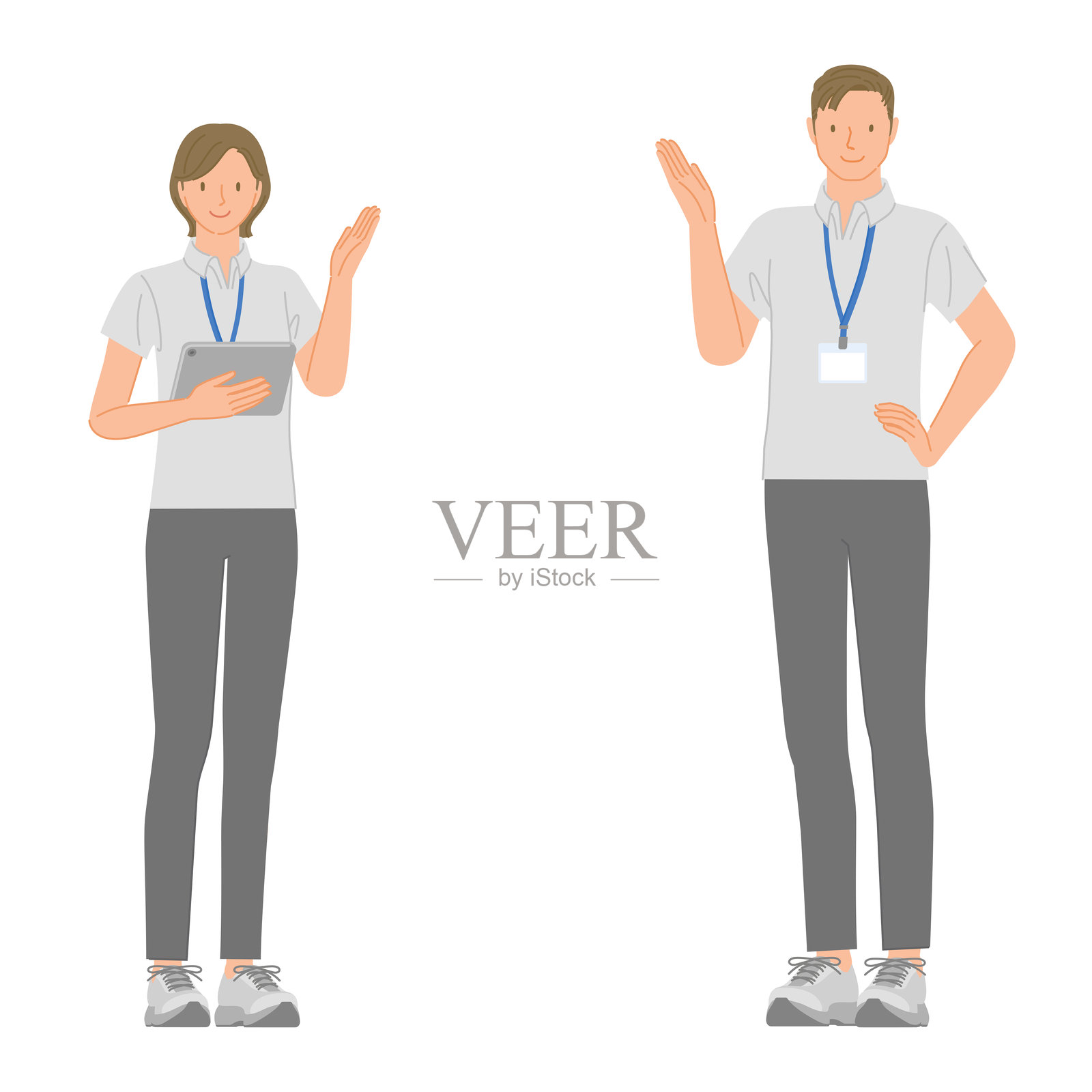 一组年轻的男性和女性健身教练：微笑并用手指引指导插画图片素材