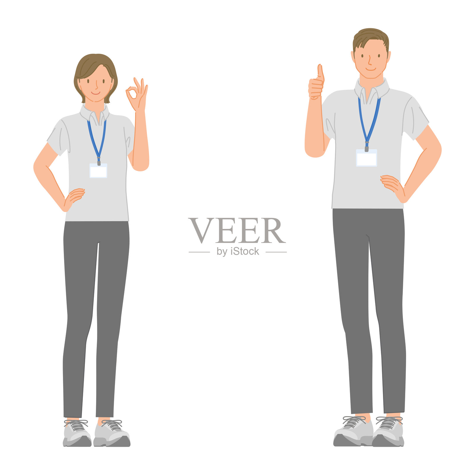 健身房年轻男女员工组合：微笑的“好”与“可以”手势插画图片素材