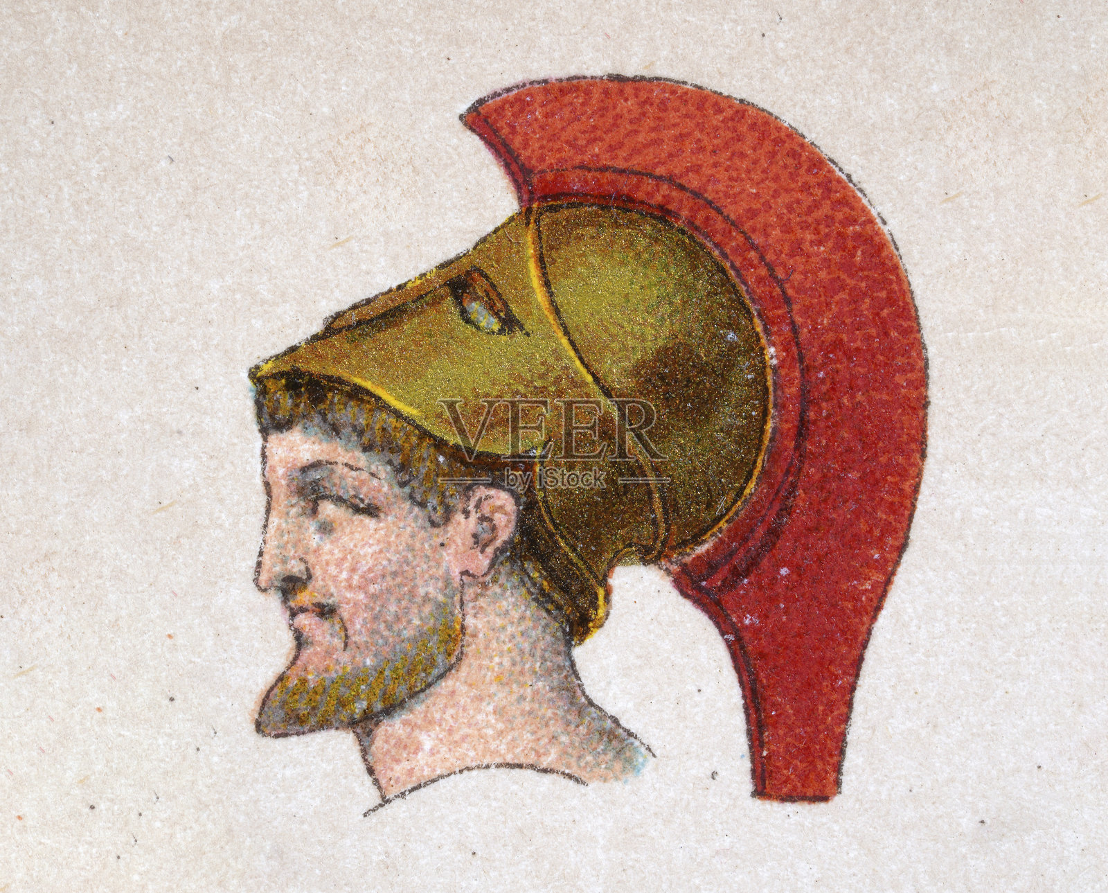 古希腊，历史，佩戴有羽饰的科林斯头盔的希腊战士，复古插图插画图片素材