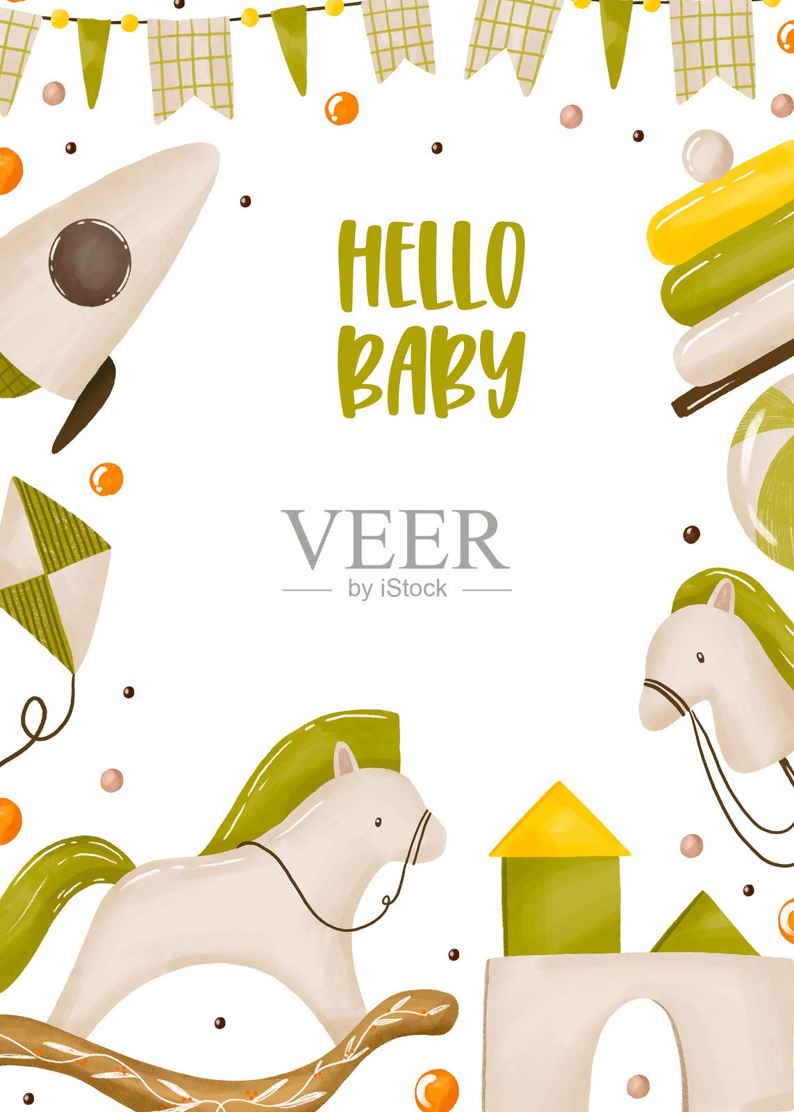 你好，适合婴儿性别中立的贺卡。新生儿的问候横幅，海报，带有摇马、火箭、玩具、旗帜和积木城堡的设计。手绘的新生儿贺卡，适合男孩或女孩。插画图片素材