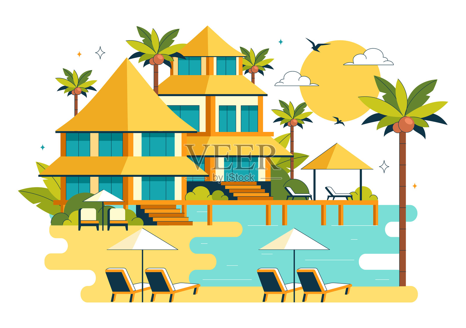 海滩度假村矢量插图，展示美丽的热带岛屿风景，包含别墅酒店、迷人的海滨景观和郁郁葱葱的棕榈树插画图片素材