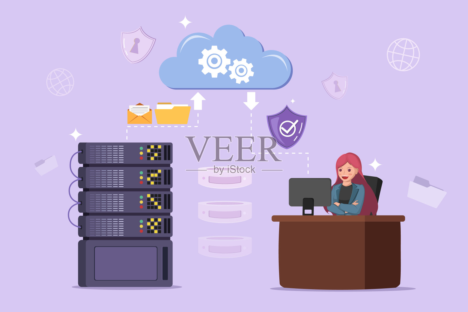 云数据处理和管理工作流程：本地服务器、云计算与用户桌面之间信息流动的插图概念。插画图片素材