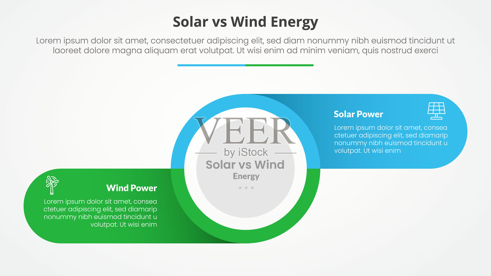 太阳能电池板与风能发电比较对比信息图概念，适用于幻灯片演示，包含大圆形和圆角矩形信息，采用扁平风格和阴影效果。插画图片素材