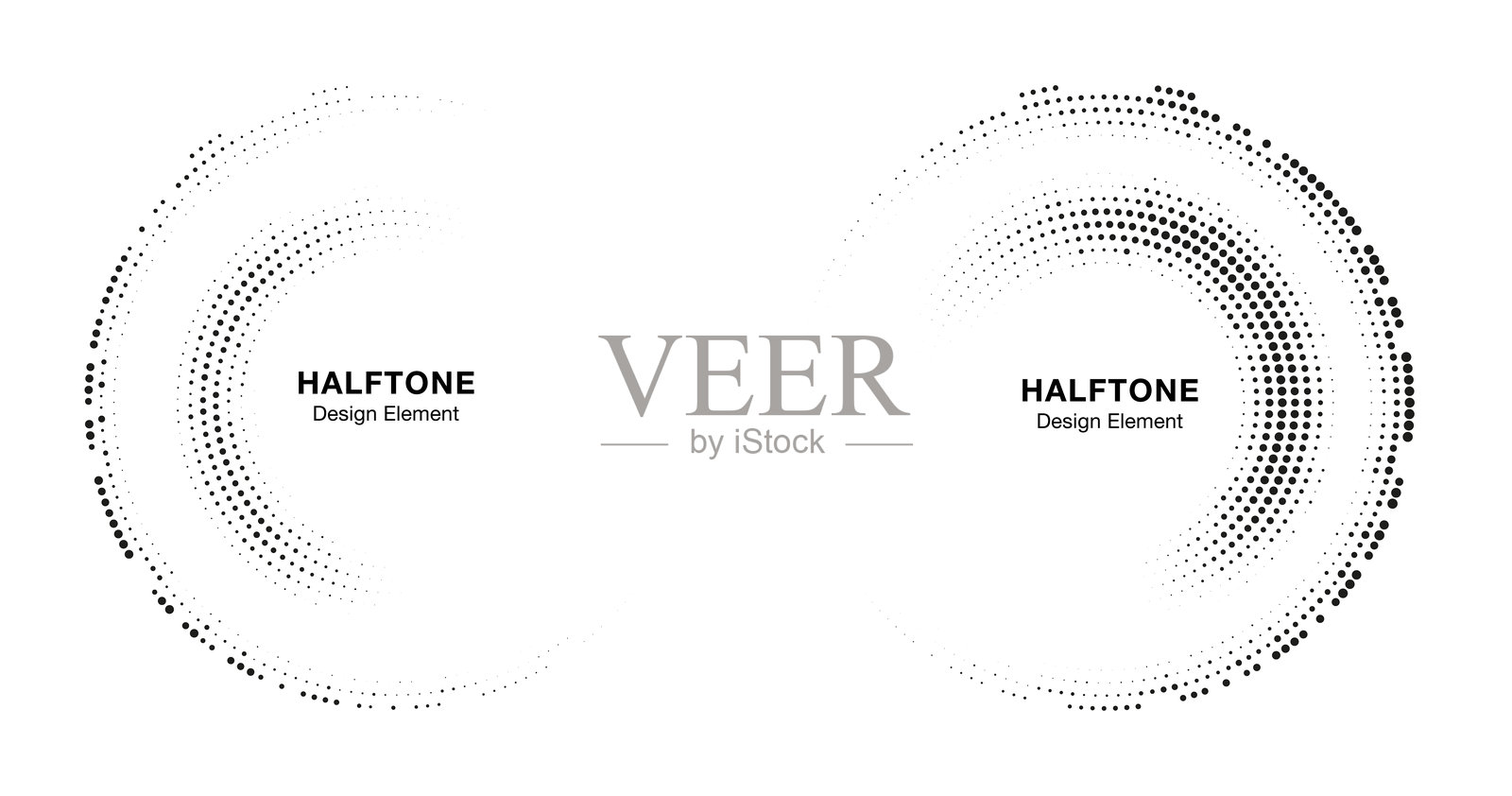 半色调圆形框架抽象点阵标志设计元素，适用于医疗、治疗和美容。使用半色调圆点栅格纹理的圆形边框图标。矢量标志。插画图片素材