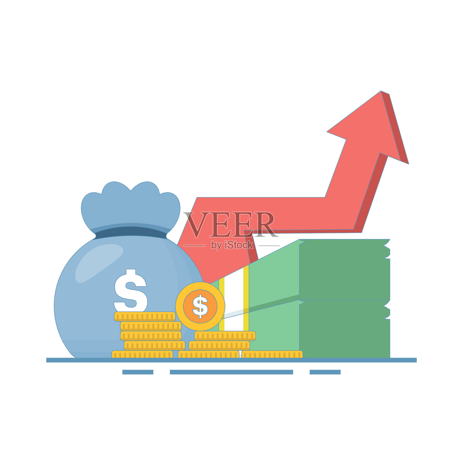 财务增长概念，堆叠的硬币、美元钞票和钱袋。柱状图显示增长，描绘财务成功和投资，资金投资。收入或利润的增加。插画图片素材