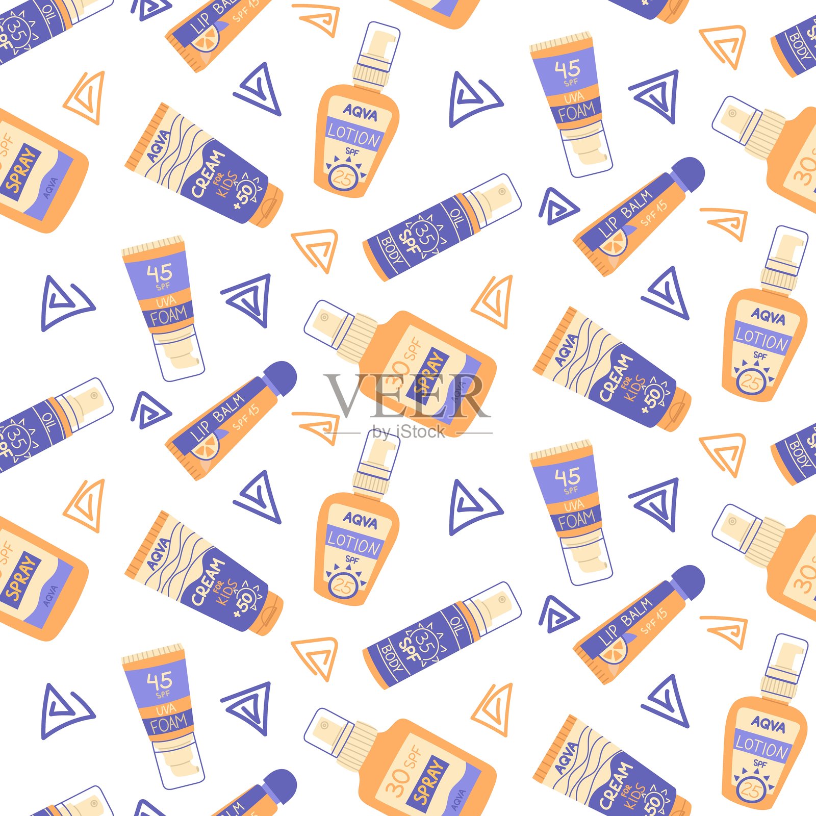 防晒产品瓶子的图案与涂鸦画。防止阳光照射。面部、身体和唇部的产品。各种化妆品，包括乳液、面霜、喷雾和润唇膏。各种瓶子的质感。插画图片素材