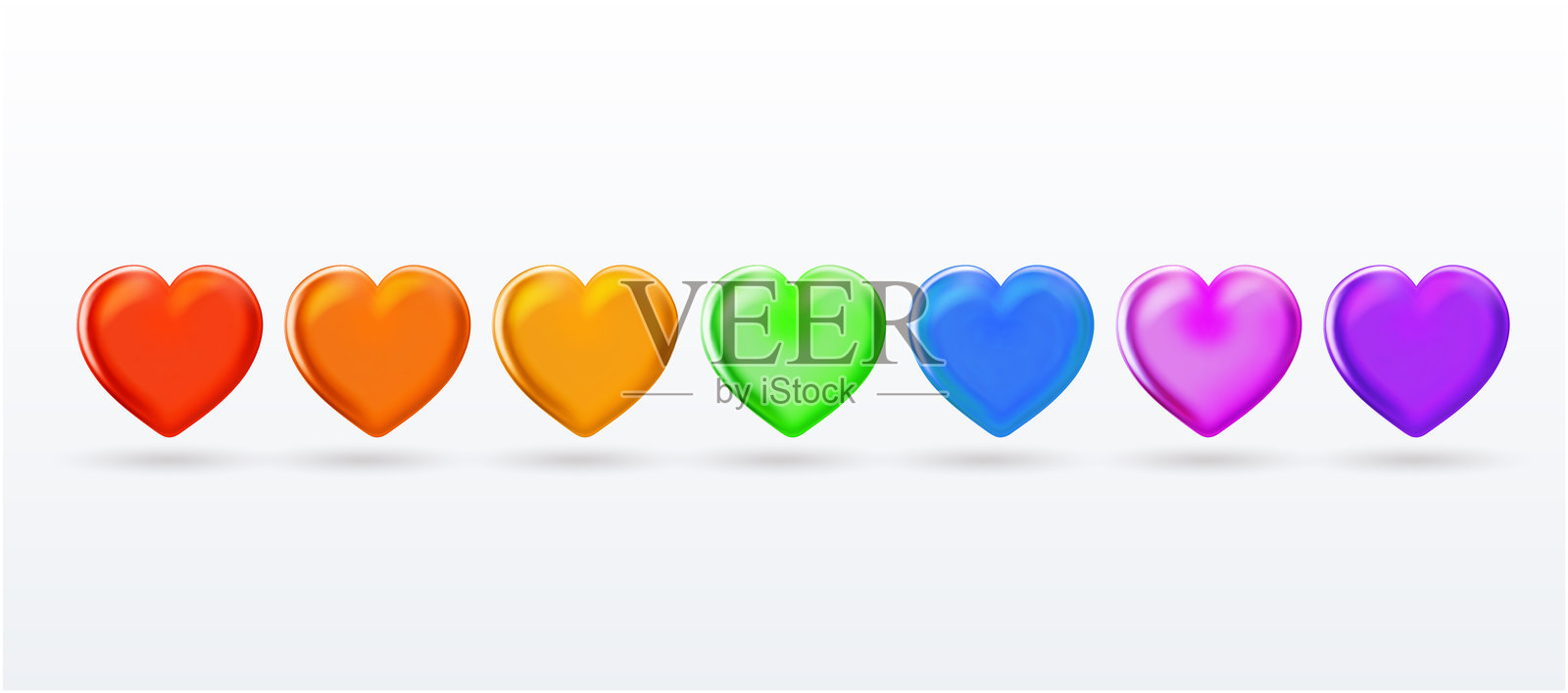 三维矢量彩虹心形图标集合。多彩表情符号般的心形。逼真的彩色卡通创意设计图标。三维矢量插图，背景为白色。插画图片素材