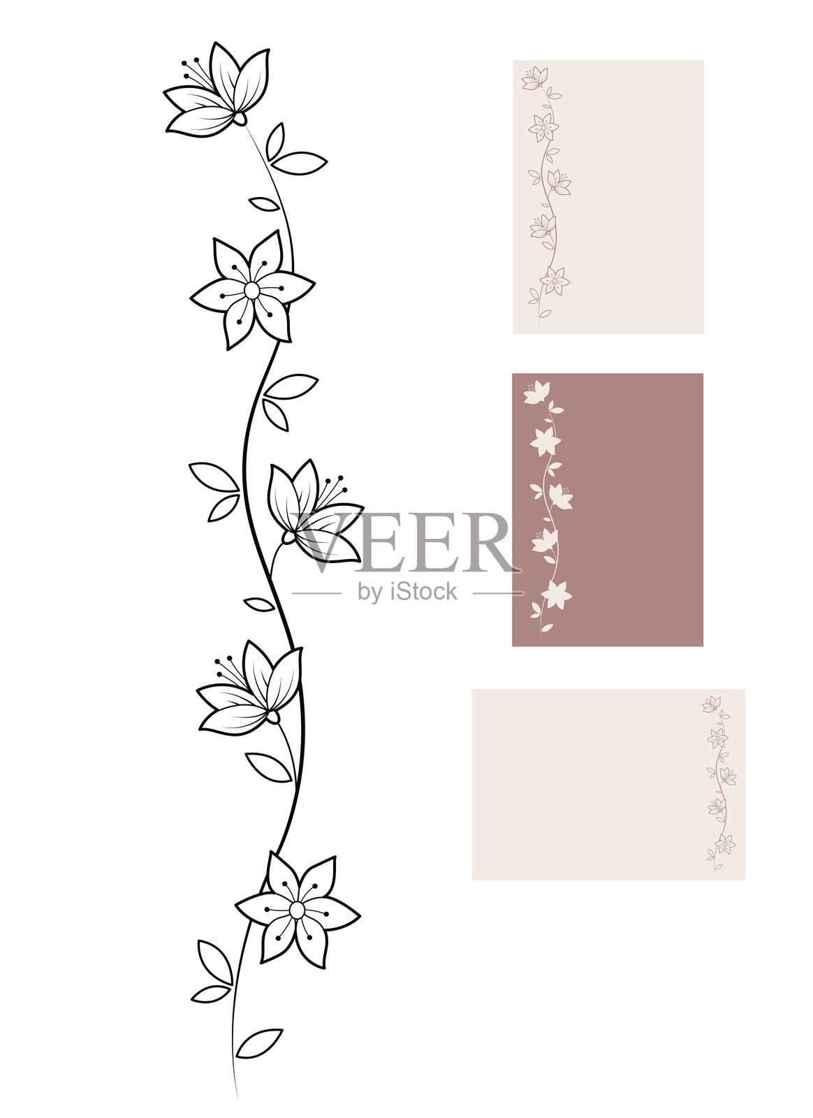 黑白装饰花卉花环。花卉小插图。插画图片素材