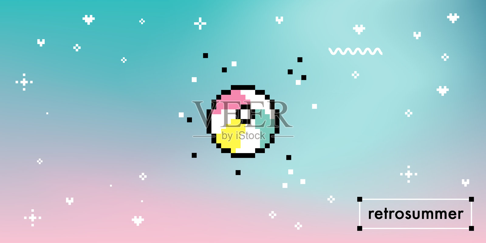 抽象的夏日氛围，蓝色和粉色渐变背景，带有沙滩球像素元素插画图片素材