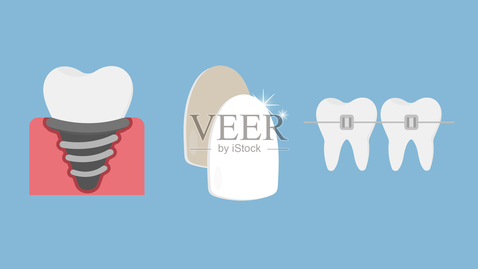 牙齿牙科图标集，独立，矢量插图，蓝色背景上插画图片素材