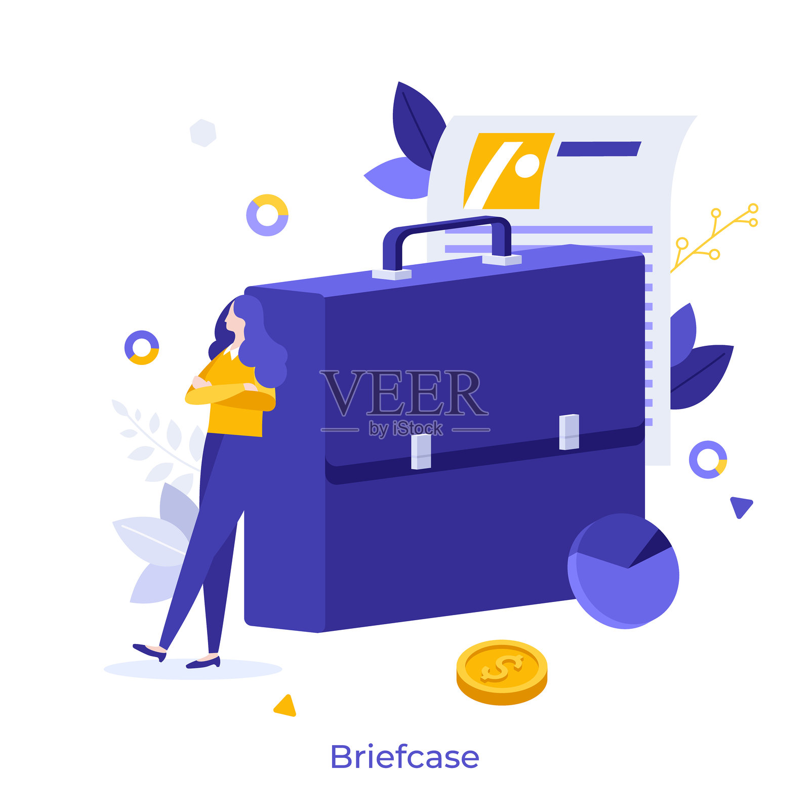 办公室职员、企业家靠在公文包上，手中拿着文件、图表和美元硬币。商业案例组合、投资交易或合同的概念。现代扁平化矢量插图，适用于横幅。插画图片素材