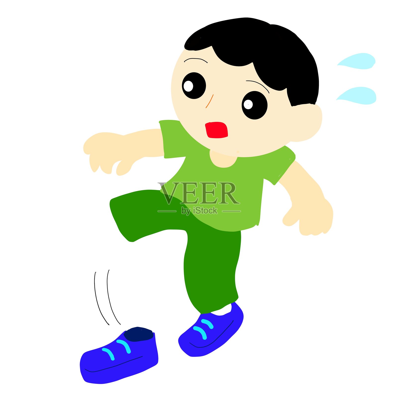 一个男孩在门口穿鞋时失去平衡。插画图片素材