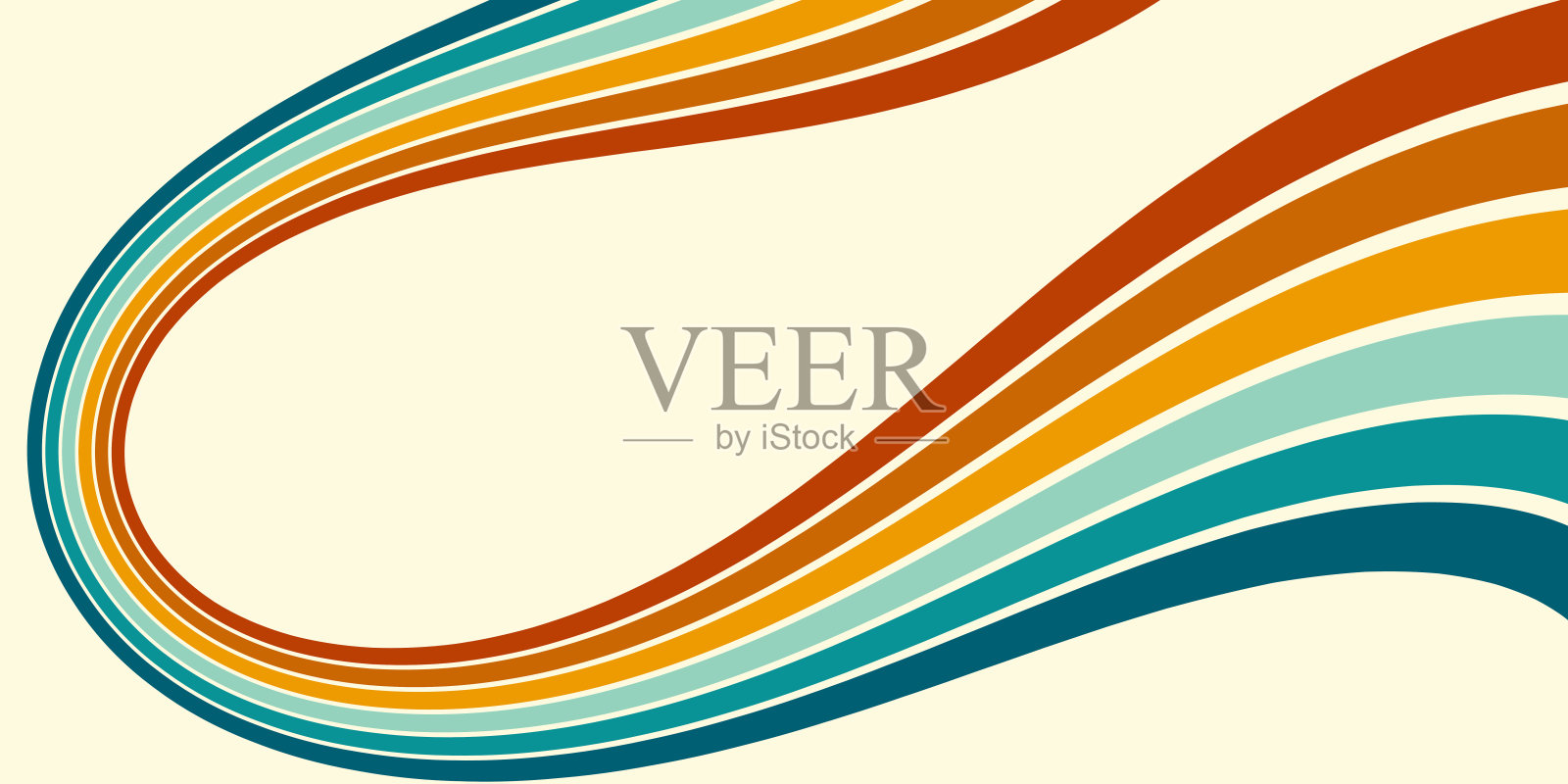 1970年代嬉皮复古风格的彩虹波浪线设计抽象背景。矢量图案可用于布料、纺织品、包装等。插画图片素材