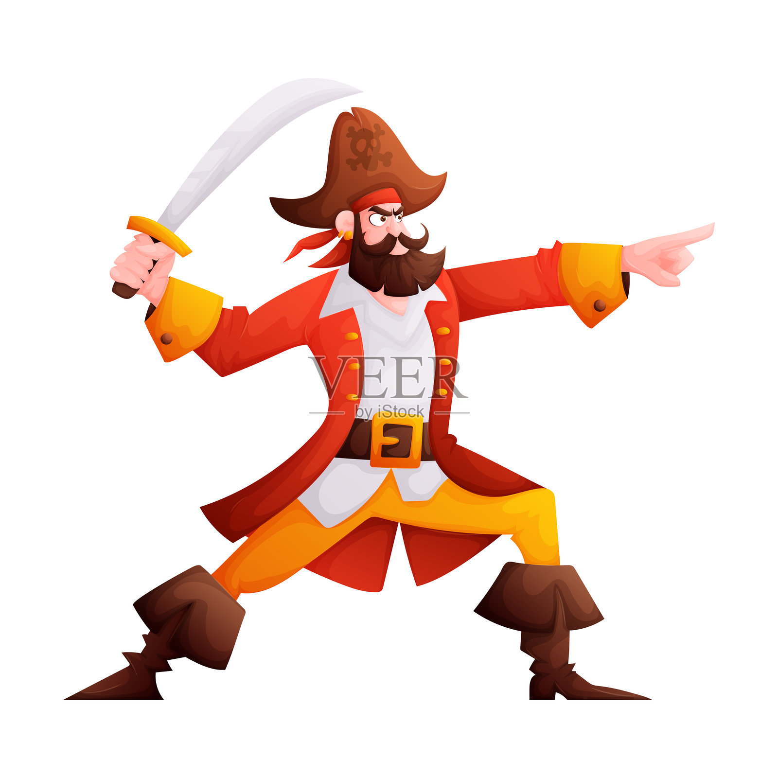 海盗角色组合。海盗手持指南针指示方向，举起刀刃指向上方并向前指，摆出凶狠而阴险的姿势，手中握着手枪。卡通矢量图。插画图片素材