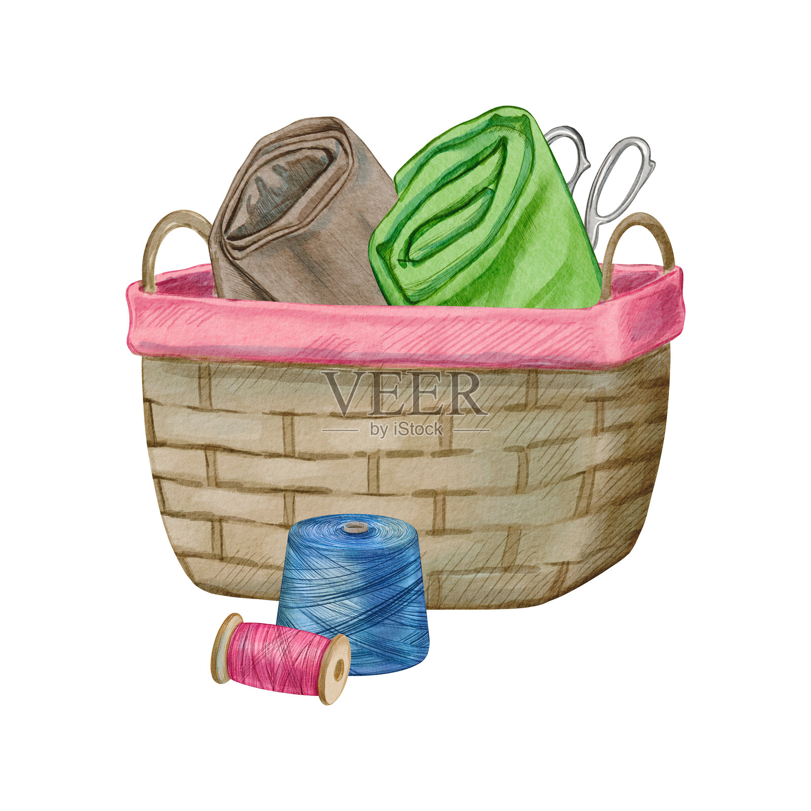 带有粉色衬里的柳条篮子，里面装满了布料、剪刀和缝纫工具。水彩插图展示了手工艺用品，环保。非常适合手工制作、纺织主题、DIY内容和环保设计。插画图片素材