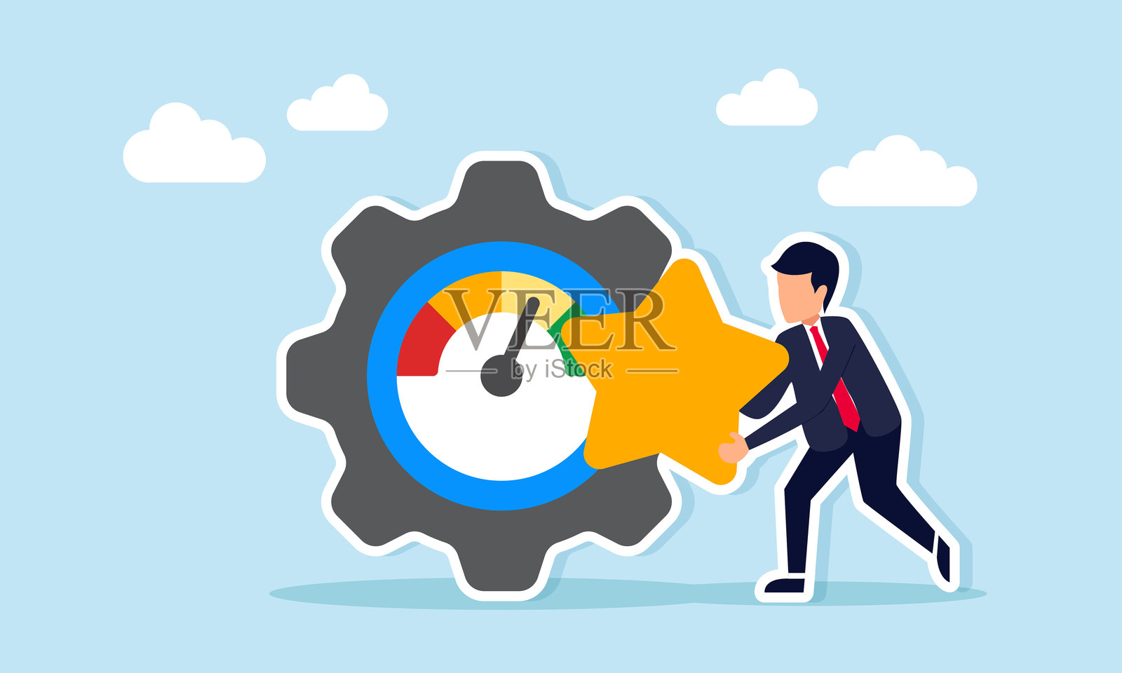 商人手持星星，旁边是带有水平指示器的齿轮，展示商业质量标准的提升插图插画图片素材