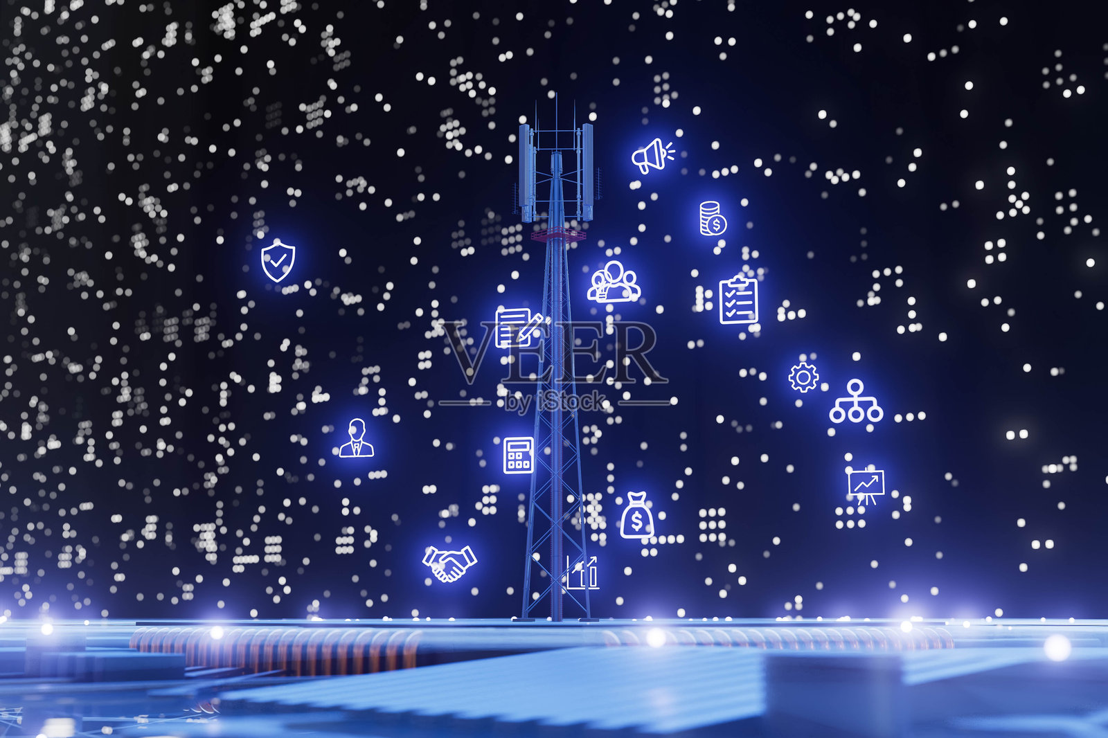 一座塔上有许多商业图标的图标照片摄影图片