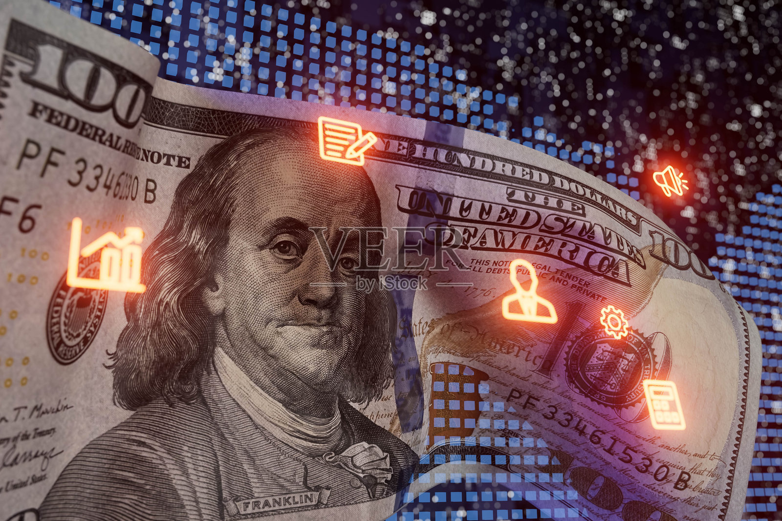 一张印有多个图标的美元钞票，背景为科技感十足的图案照片摄影图片