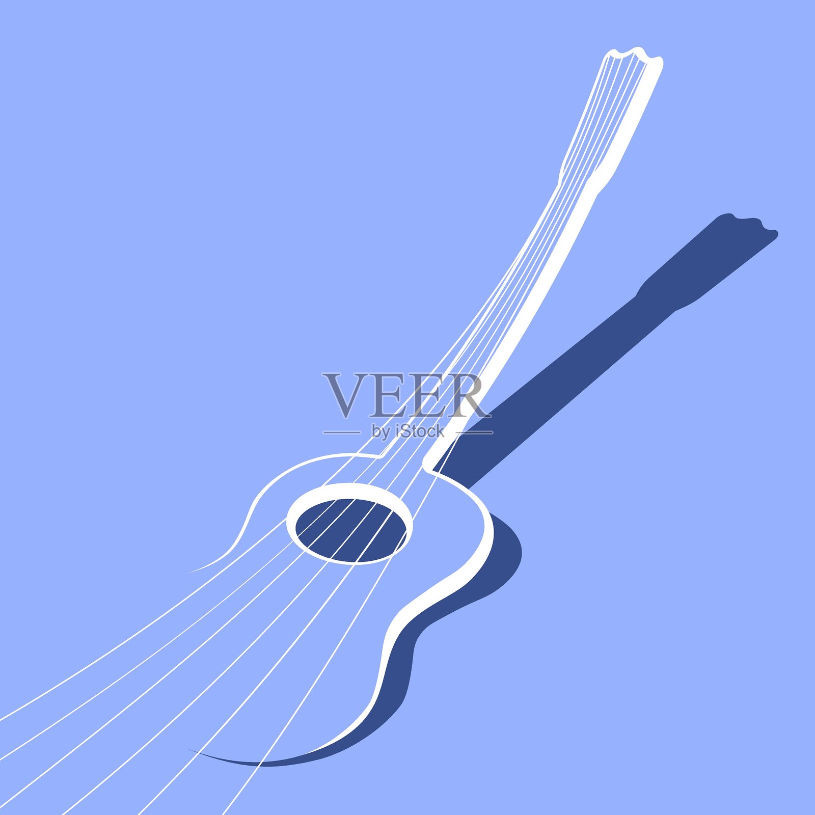 简约风格的方形音乐会纸质吉他贴纸，琴弦拉紧。音乐会宣传模板。简单的极简矢量图，背景为蓝色。插画图片素材