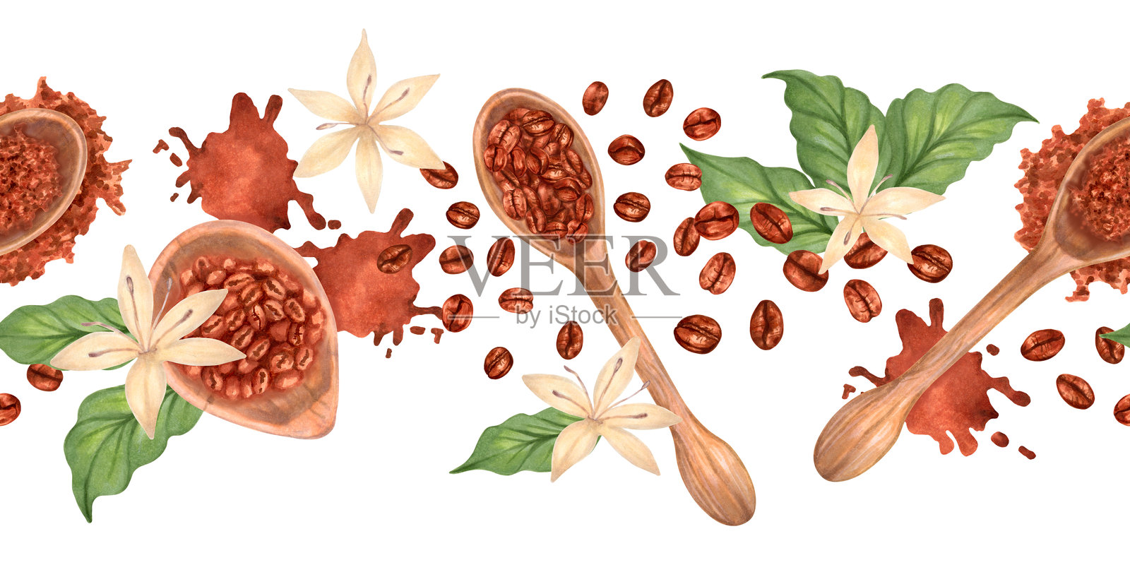 无缝的咖啡豆边框，木勺背景上有叶子、花朵、咖啡渣和洒出的咖啡。手绘的独立水彩插图。适用于包装、食谱、菜单。插画图片素材