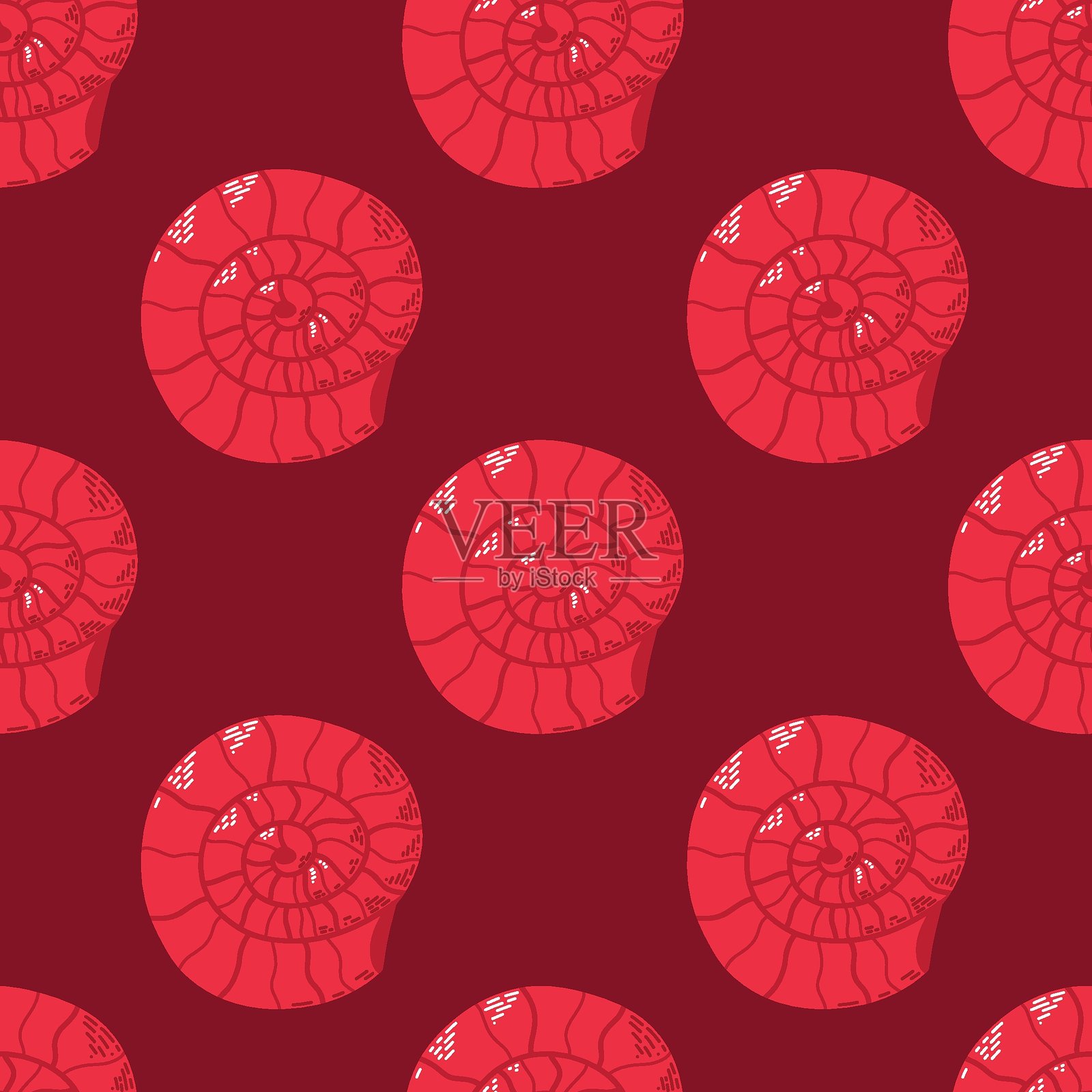 红色贝壳图案无缝背景与抽象海洋设计插画图片素材