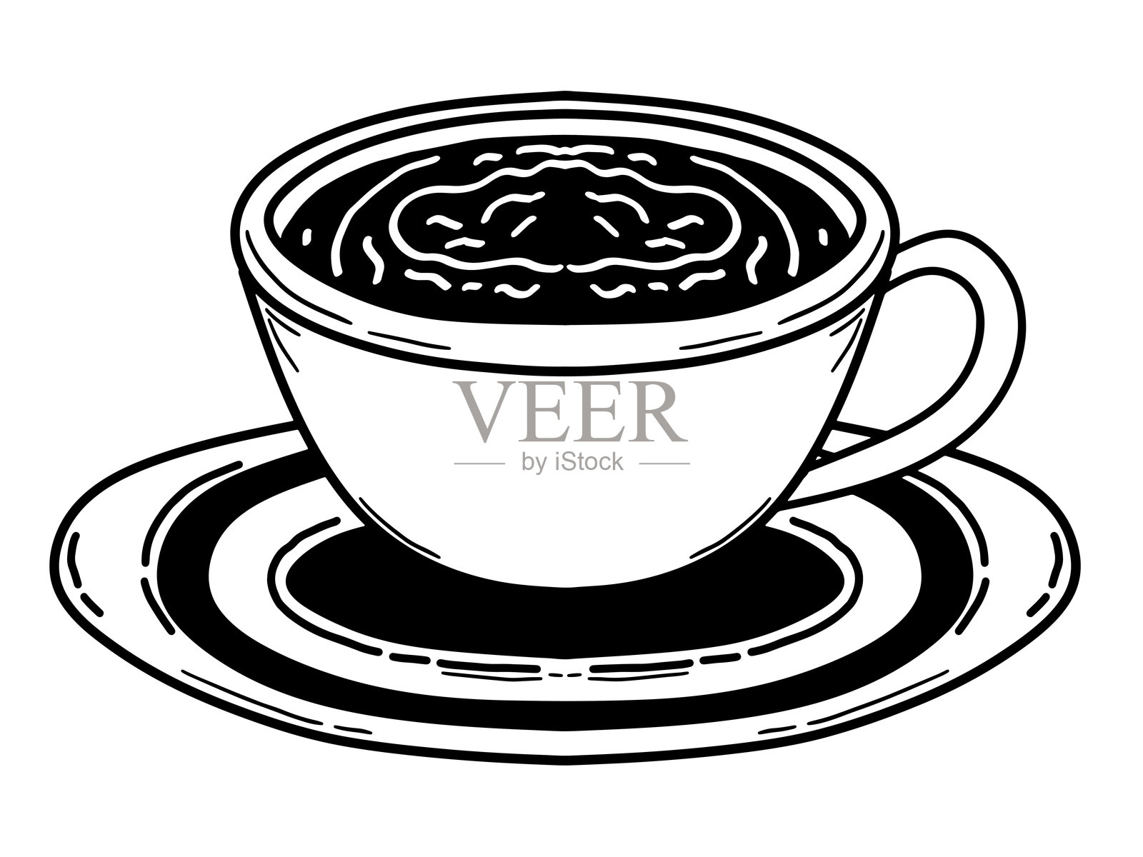 手绘矢量咖啡杯图标，轮廓风格。咖啡杯和碟子的草图矢量图。插画图片素材