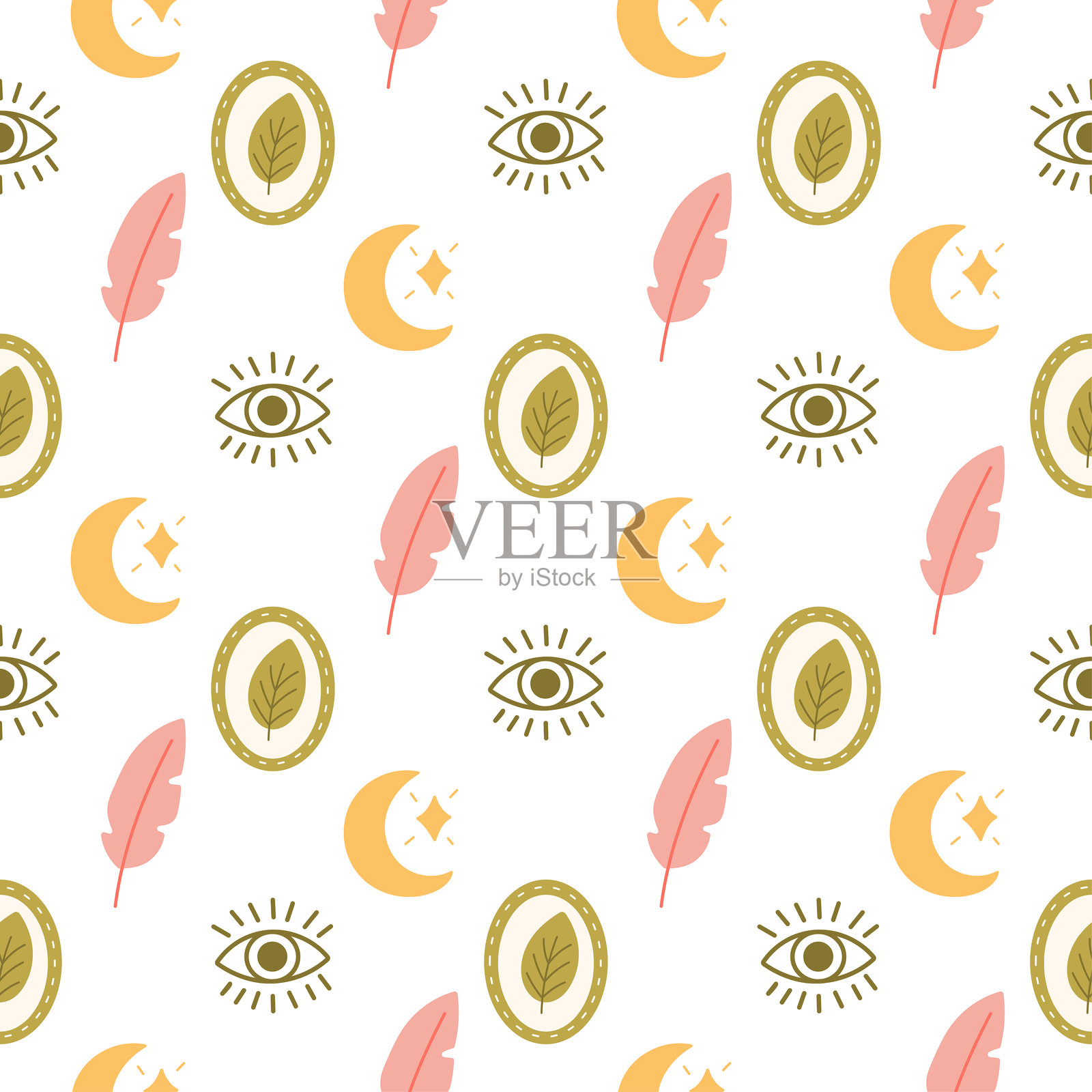 波希米亚风格的无缝图案，包含羽毛、月亮和眼睛插画图片素材