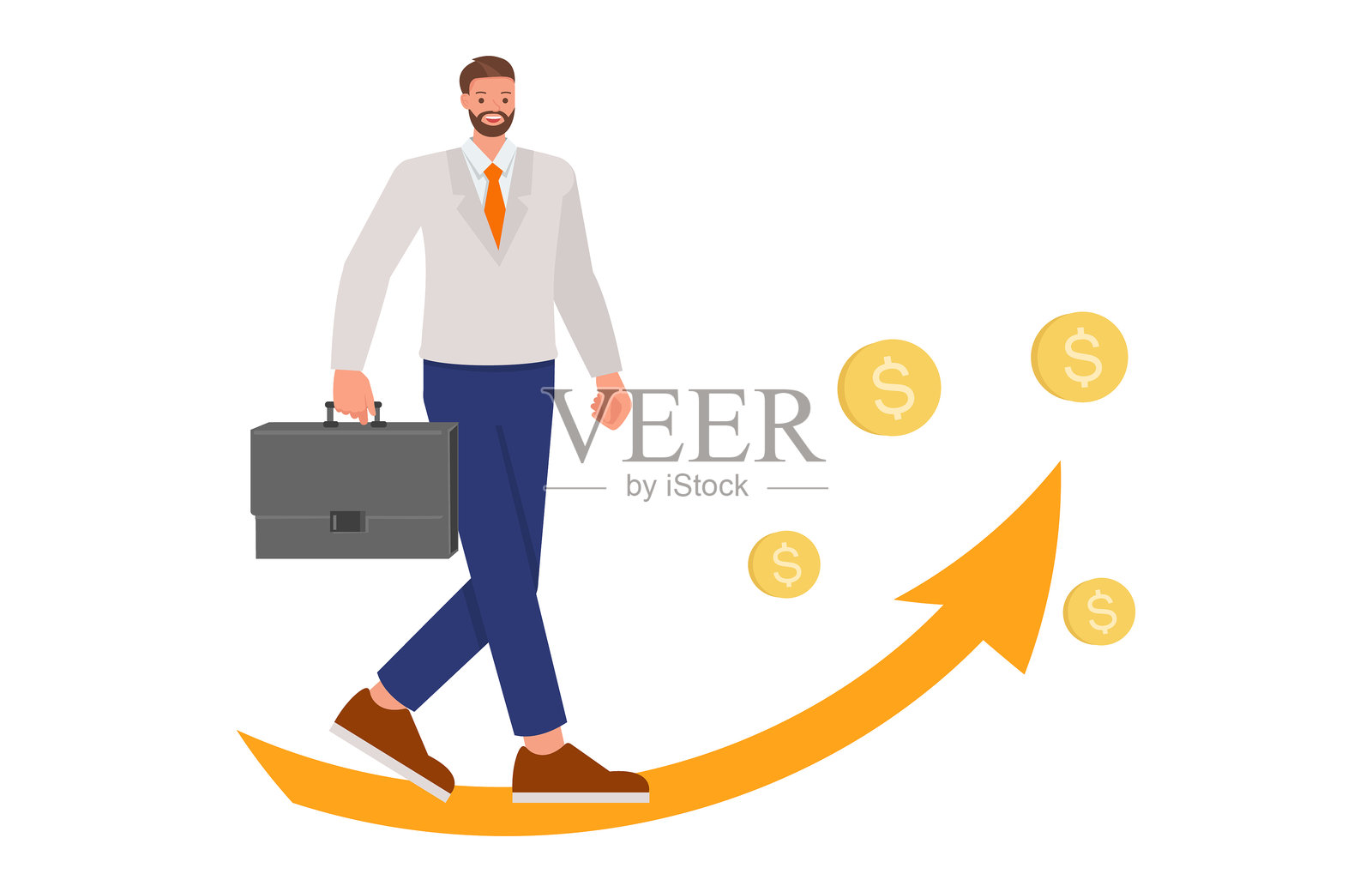 商人走上成功的箭头，角色矢量设计。扁平插图风格。插画图片素材