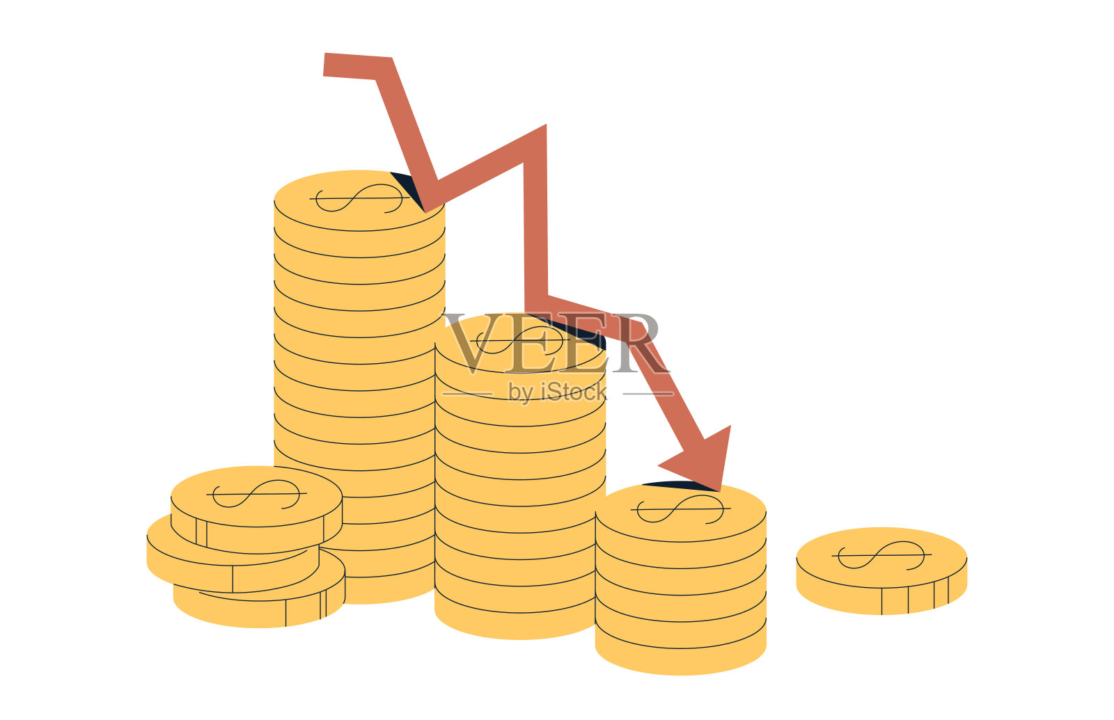经济衰退和经济下滑，下降的硬币堆，红色箭头表示下降，金融危机，市场损失，货币贬值，通货膨胀影响，负趋势图表。插画图片素材