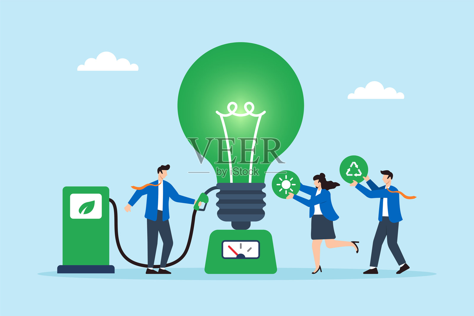 扁平化插图展示员工为绿色灯泡引擎加油，周围有环保图标，象征可持续公司的动力。插画图片素材