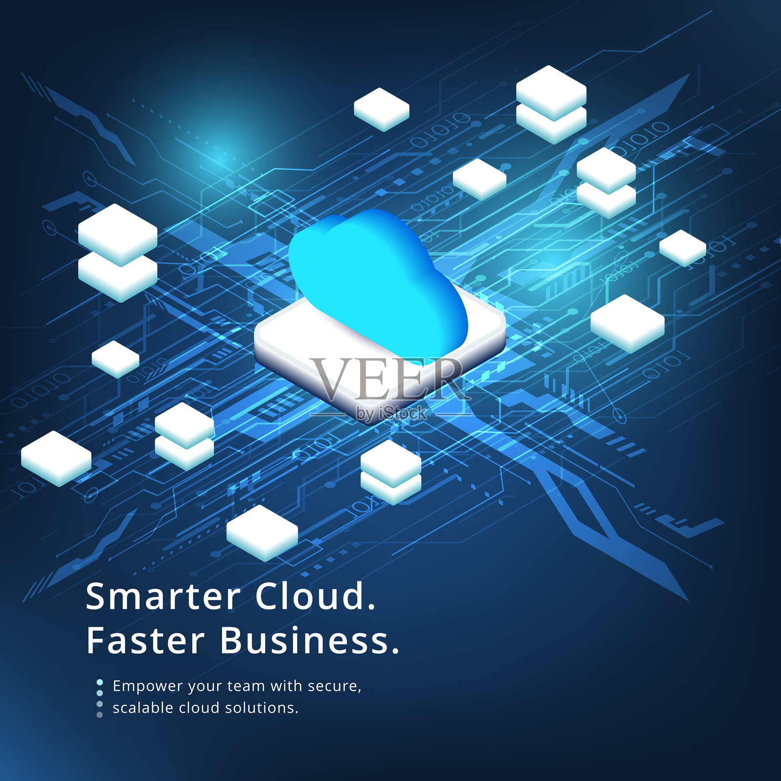 未来的云计算网络，带有数据块和数字电路背景插画图片素材