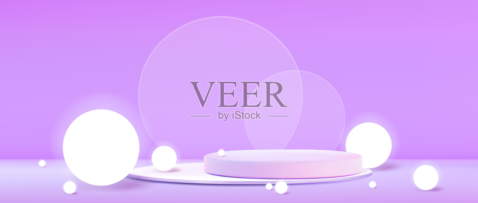 紫色讲台周围的发光白色球体插画图片素材