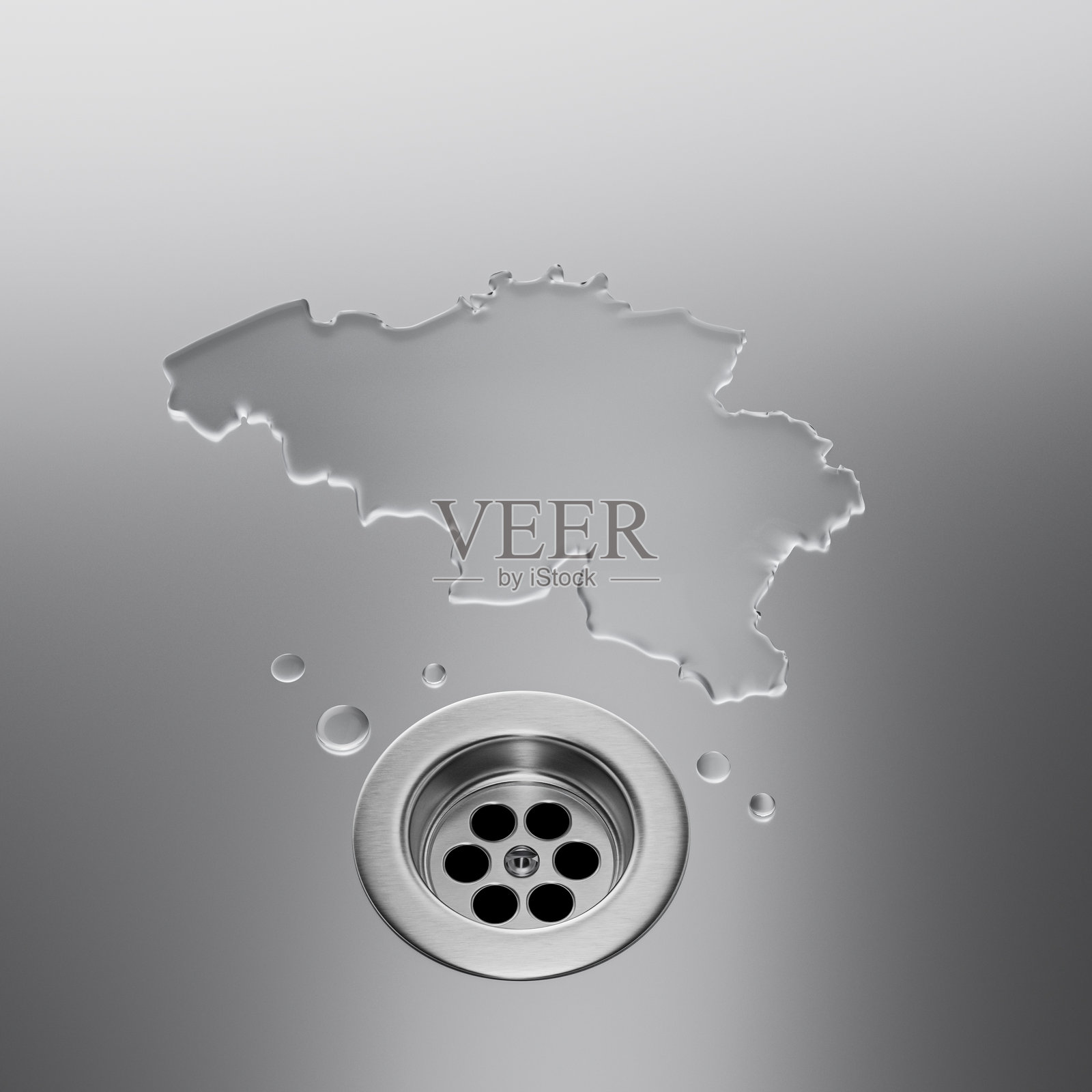 不锈钢表面上呈比利时地图形状的水流入排水口的3D插图照片摄影图片