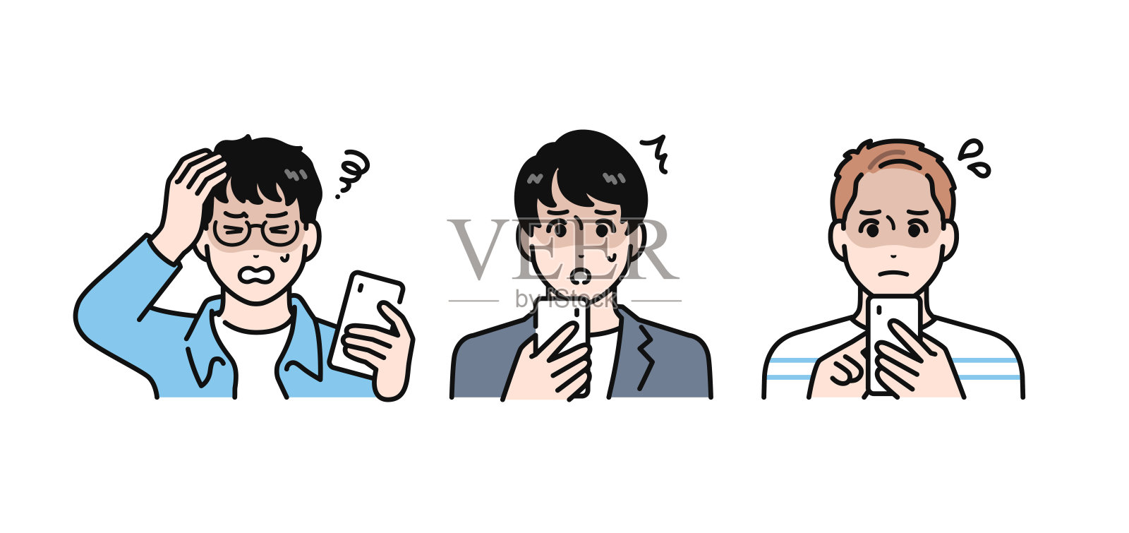 简单的矢量插图集，三位年轻男子面色苍白，正盯着他们的智能手机。插画图片素材