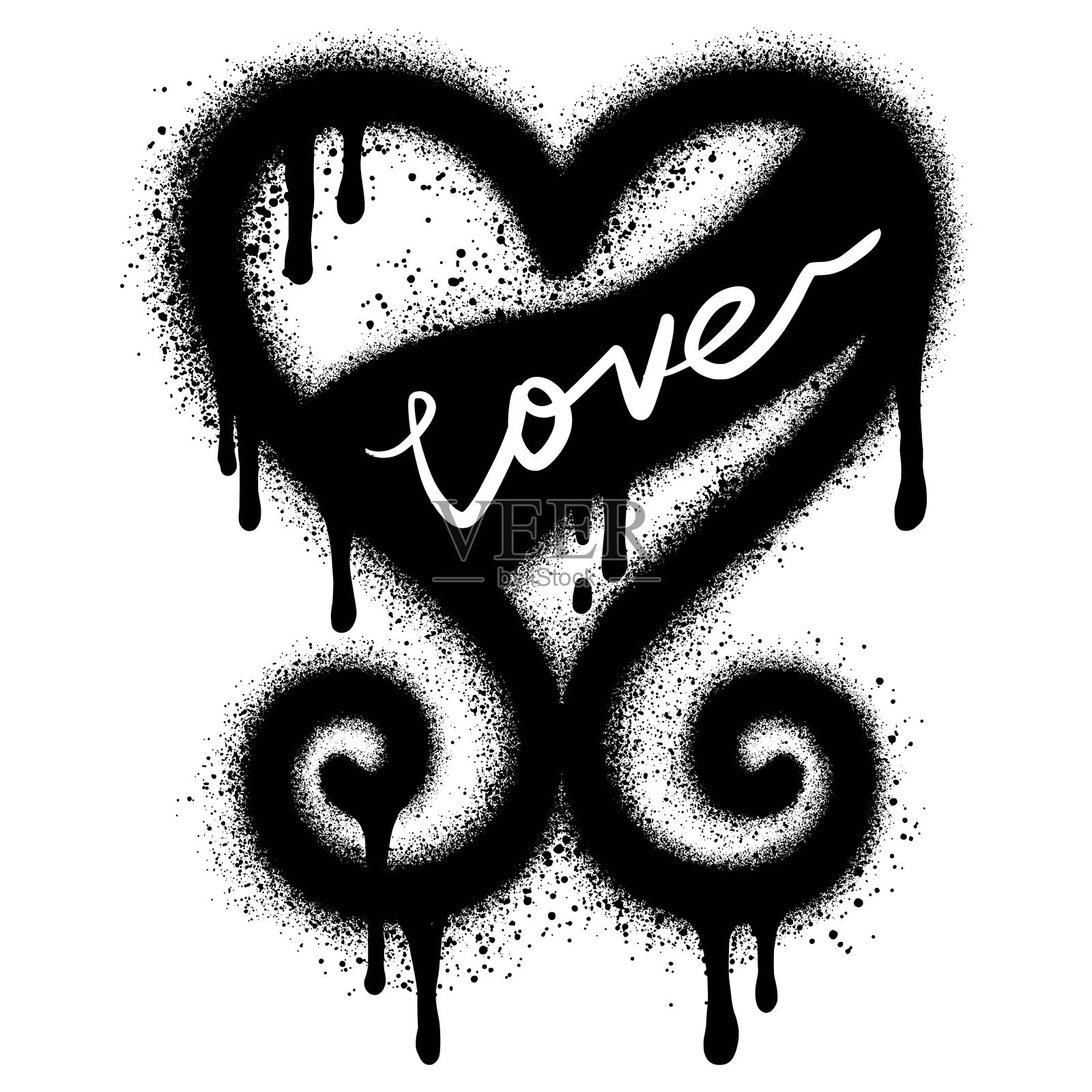 喷漆心形图标，喷涂有“爱”字，背景为白色插画图片素材