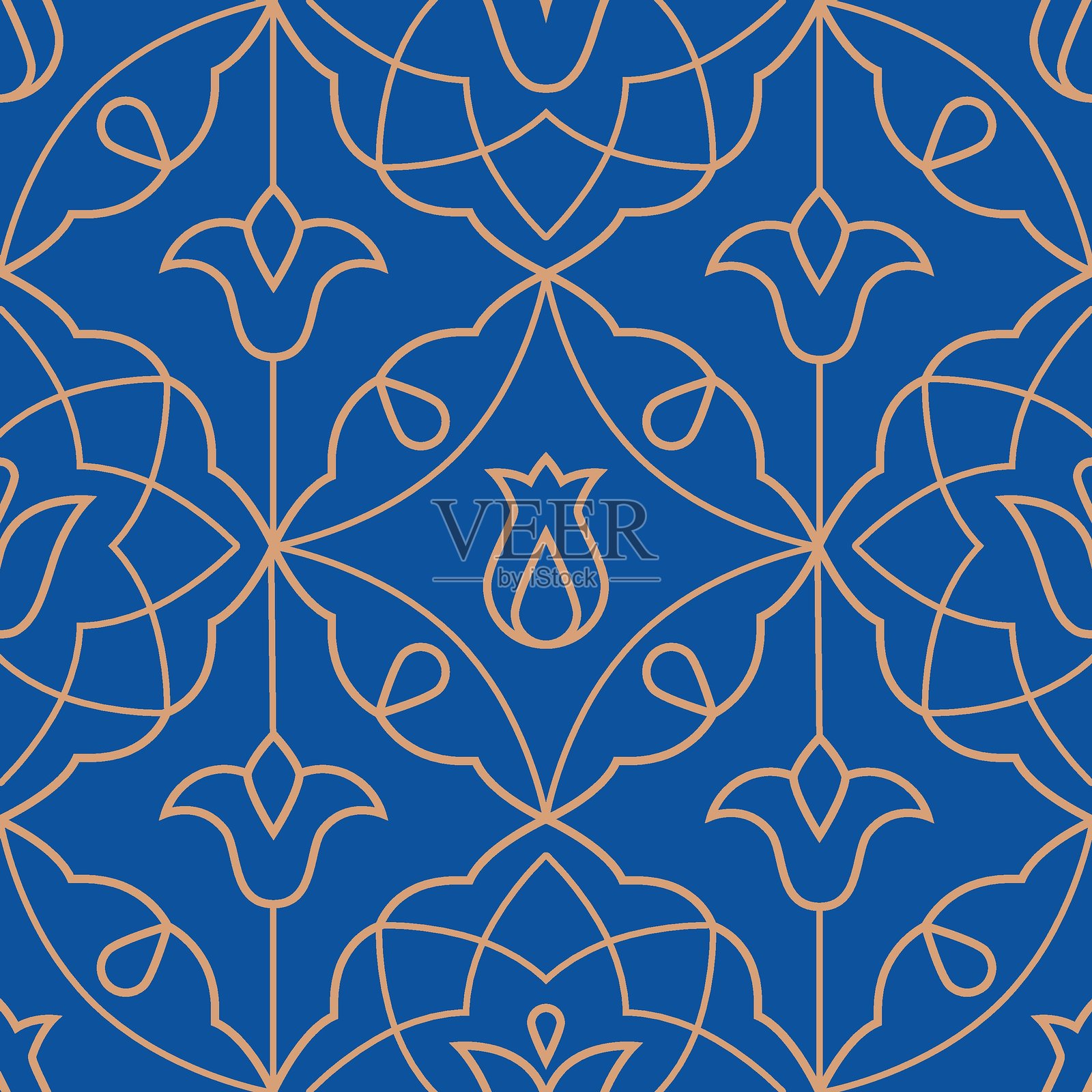 东方金线花卉无缝图案。阿拉伯风格的矢量瓷砖装饰，带有植物元素。插画图片素材