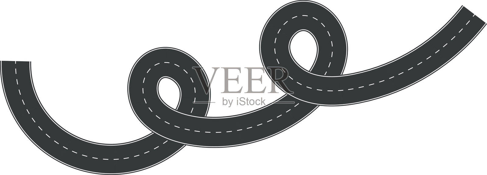 波浪形曲线道路。赛道的俯视图。俯视的蜿蜒道路矢量插图。空旷的高速公路沥青路面，空中视角的道路，带有分隔线的空旷黑色沥青高速公路。插画图片素材