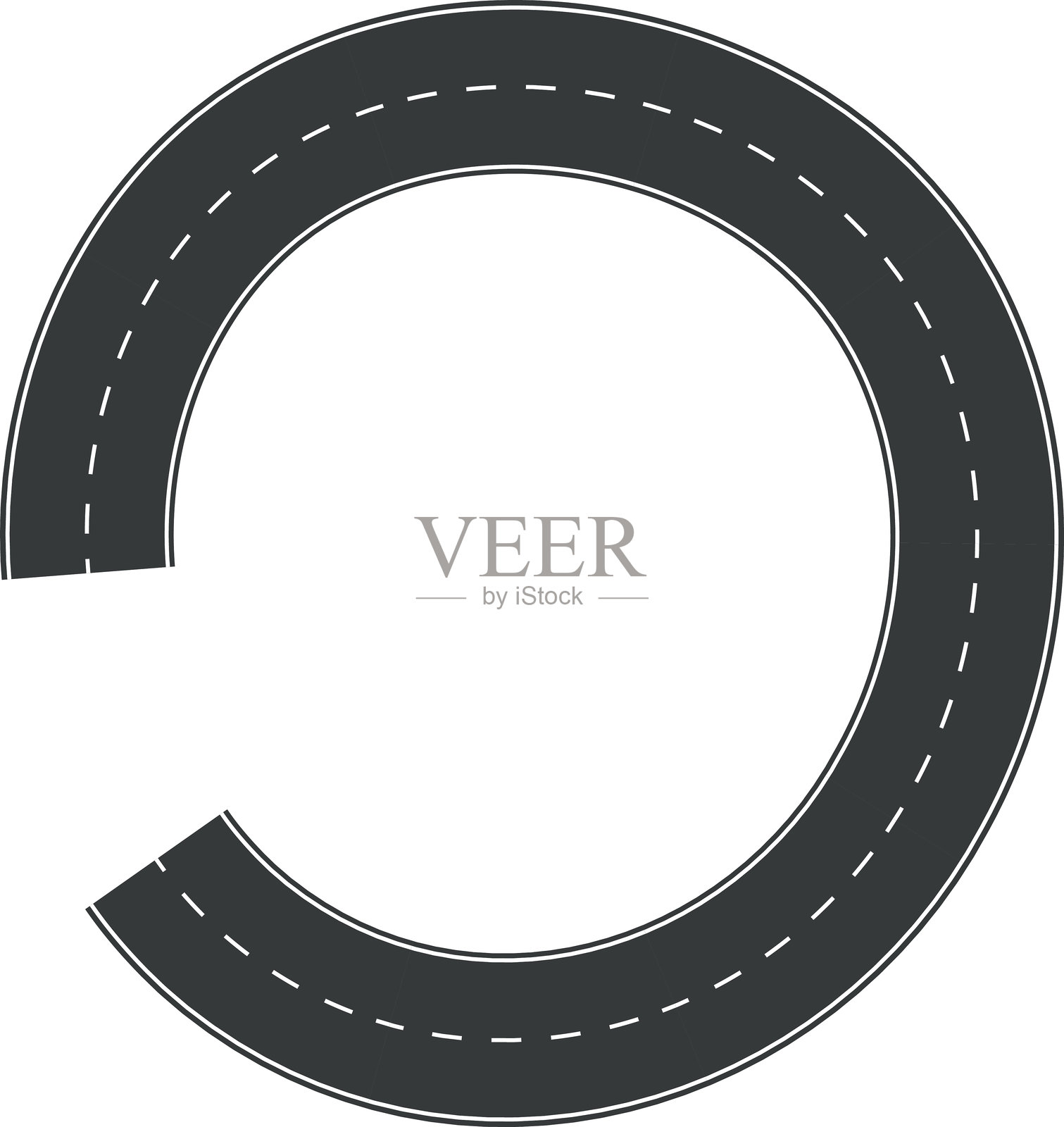 波浪形曲线道路。赛道的俯视图。俯视的蜿蜒道路矢量插图。空旷的高速公路沥青路面，空旷的黑色沥青高速公路带有分隔线。插画图片素材