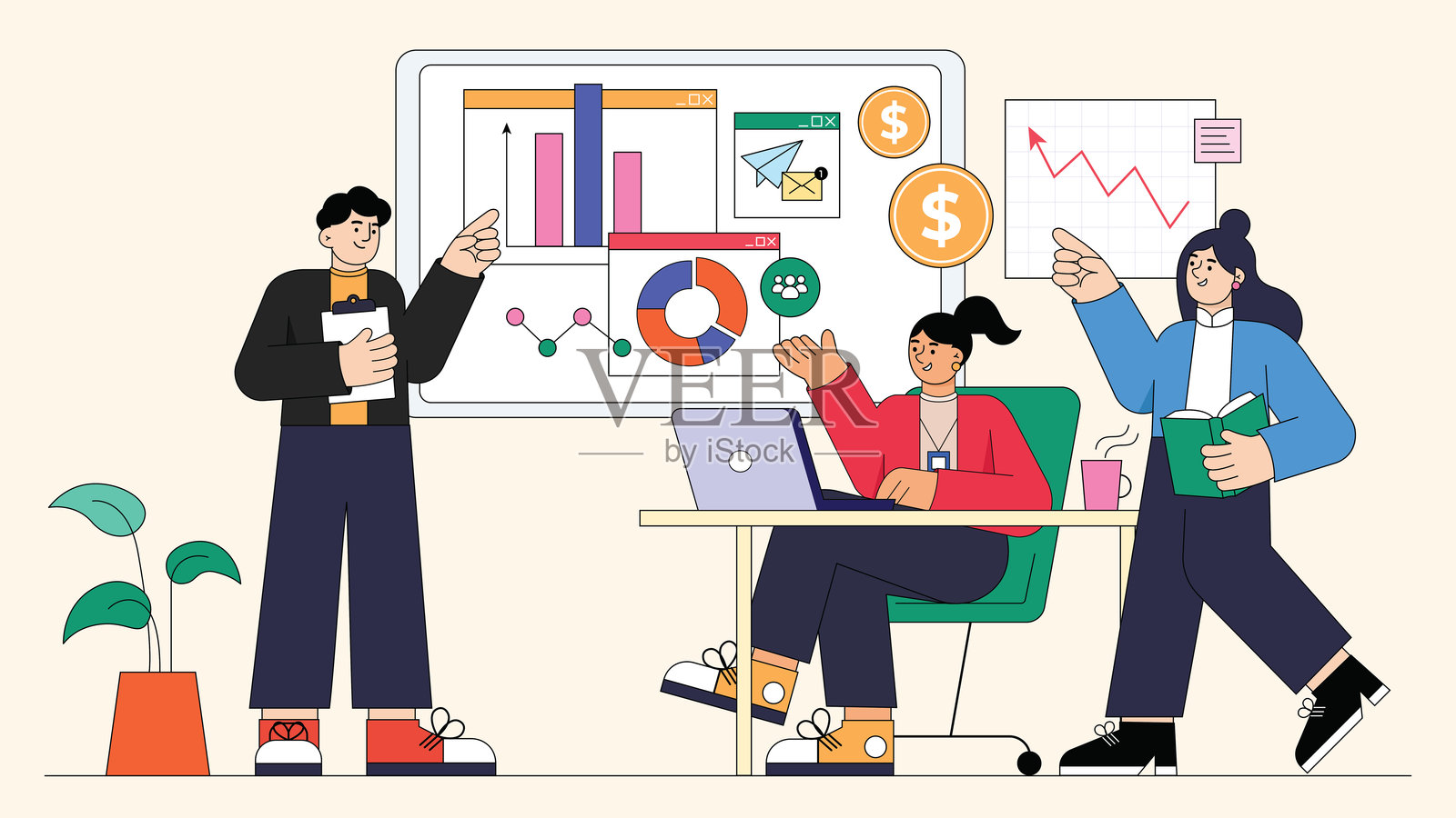 平面图形商业会议开发团队。专业团队在工作。团队财务数据报告与分析。插画图片素材