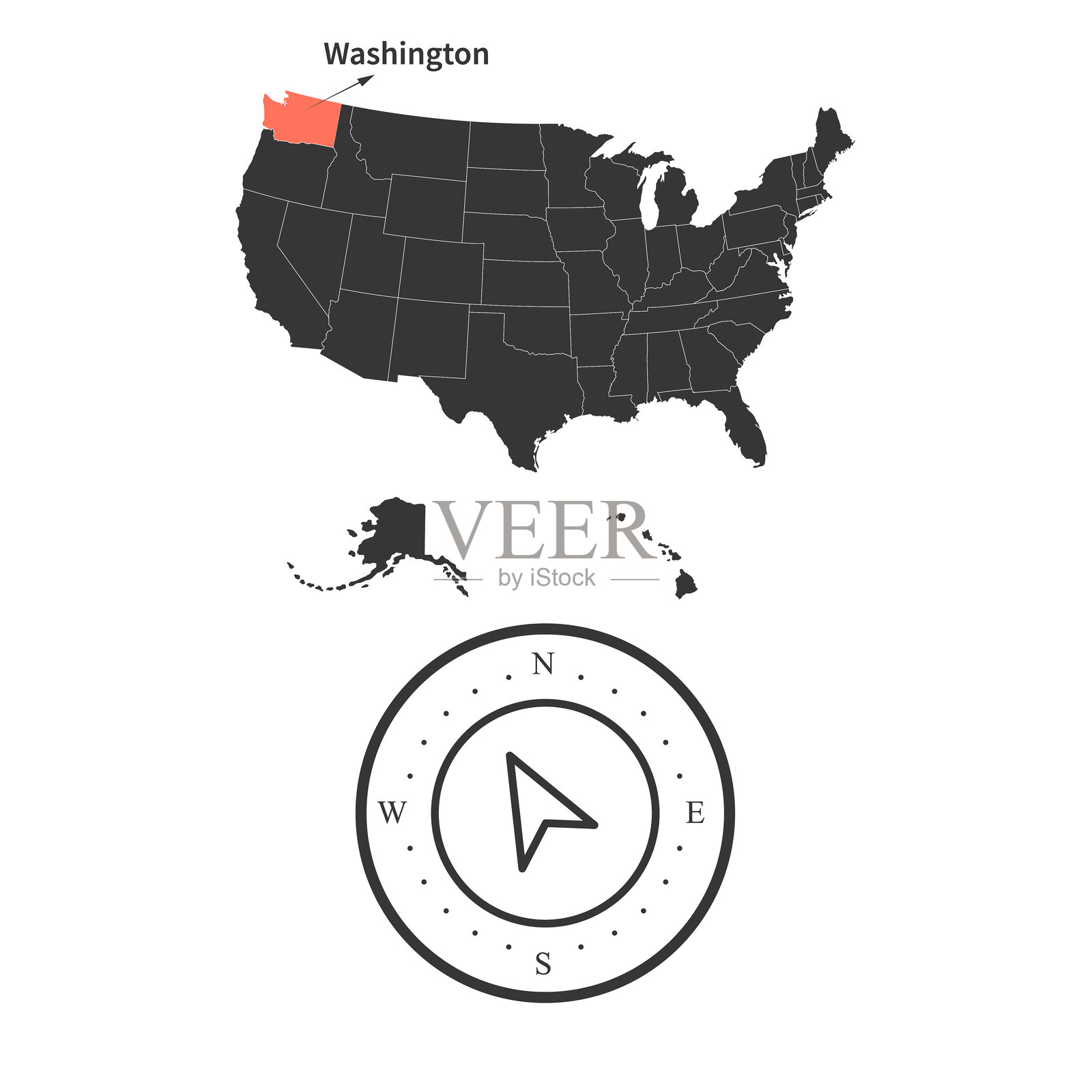 美国华盛顿州。华盛顿领土及详细轮廓。华盛顿在指南针中的位置。插画图片素材