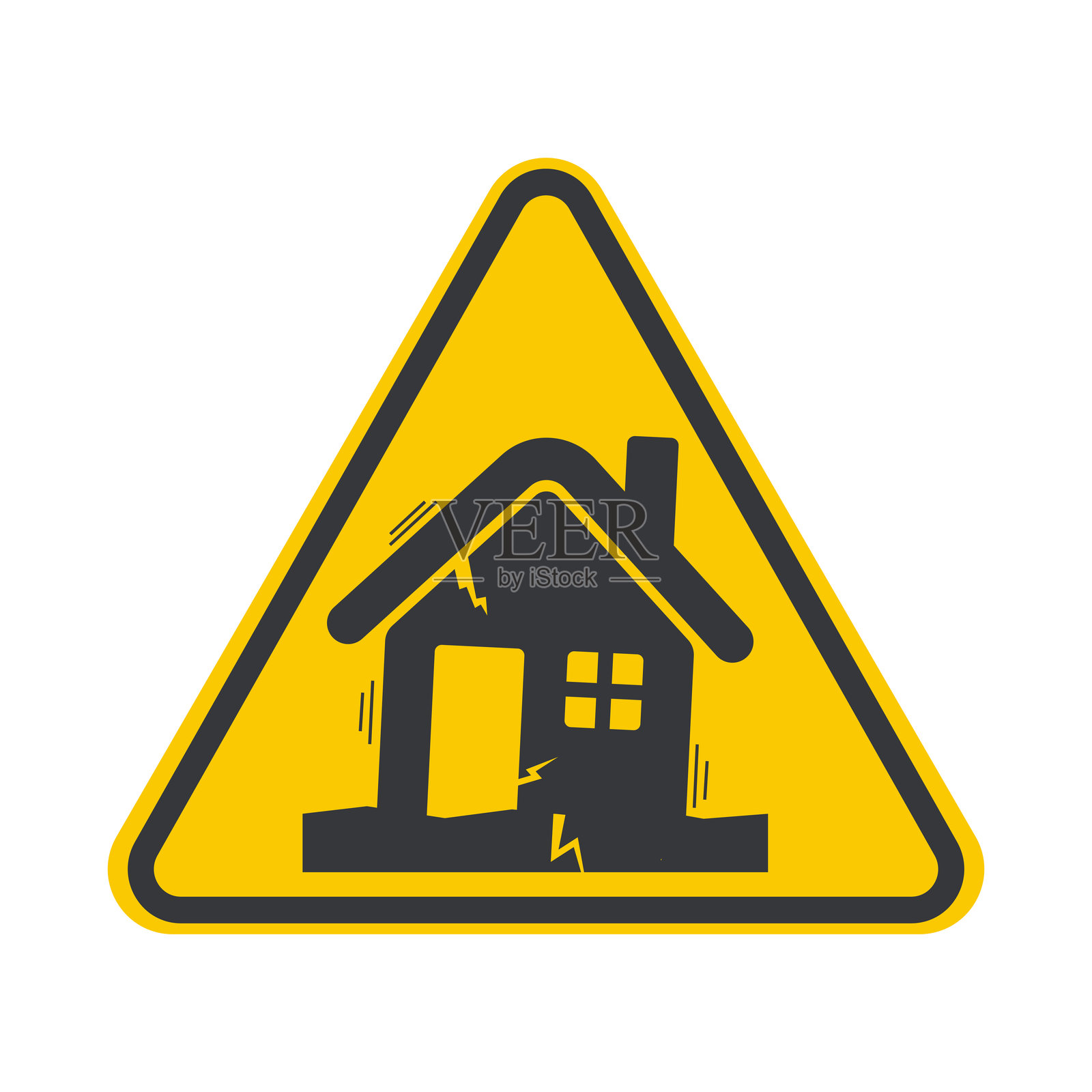 孤立的地震标志，配有房屋和裂开的建筑插图，象征自然灾害插画图片素材