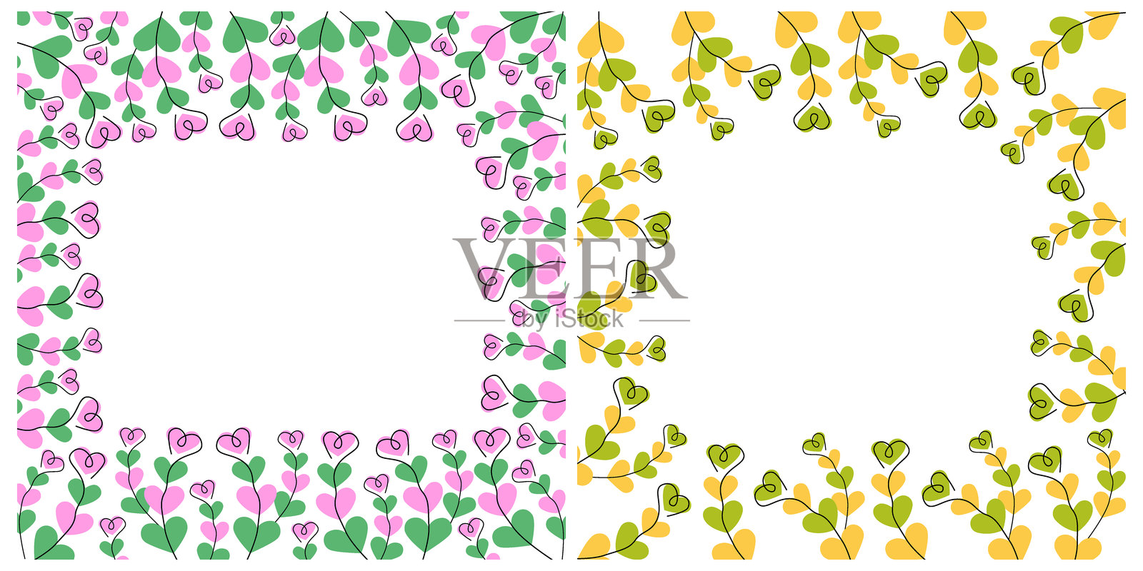 手绘心形彩色花卉边框春夏问候空白模板套装插画图片素材