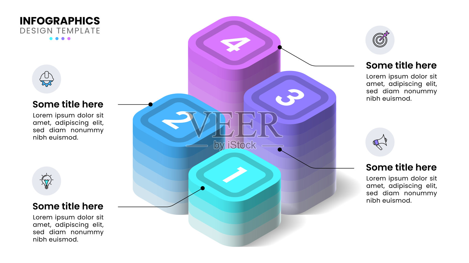 信息图模板。等距柱状图，包含4个数字插画图片素材